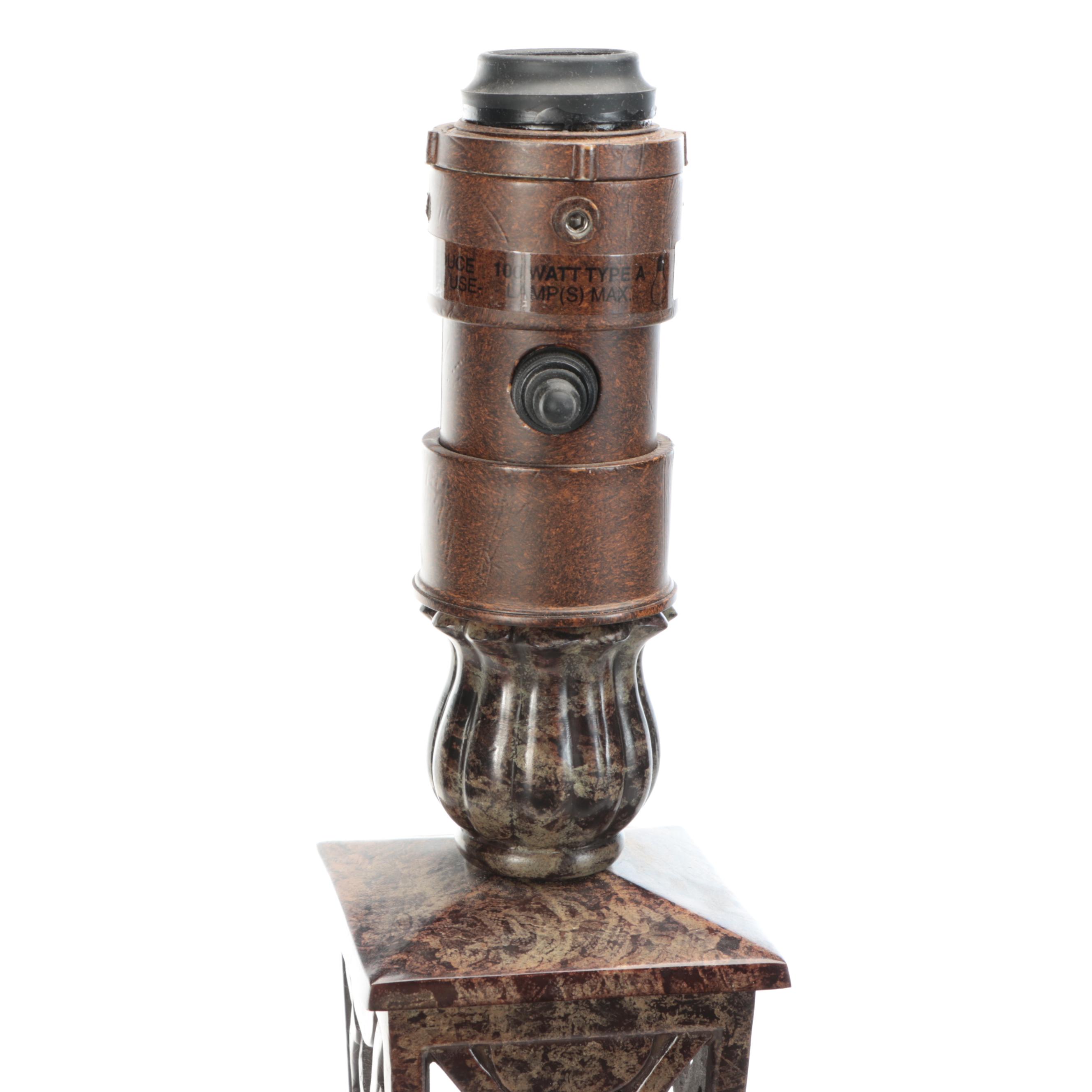 Pair of Frederick Cooper Faux Marbled Metal Lattice Torchère Table Lamps