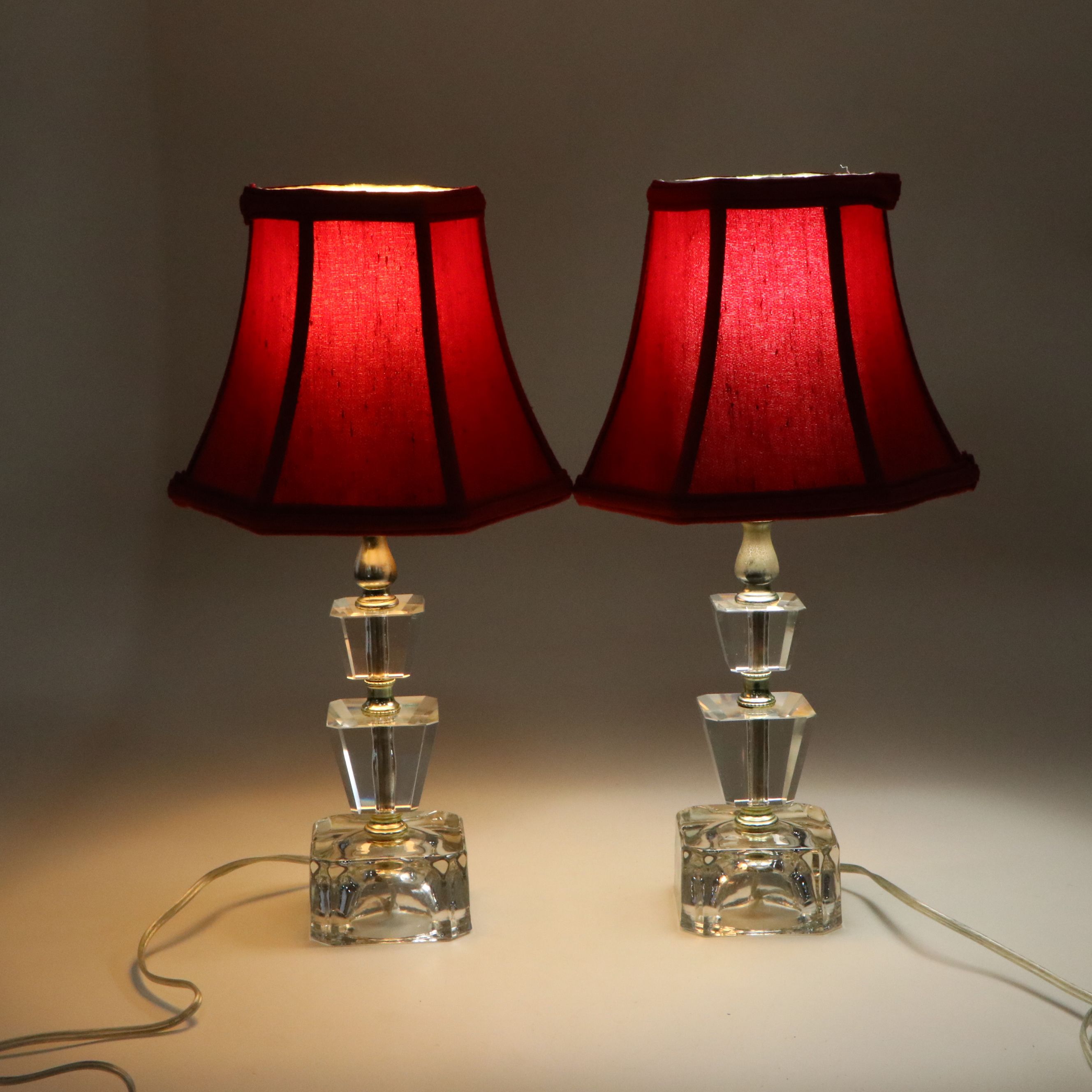 Pair of Hollywood Regency Glass Boudoir Lamps with Paneled Bell Shades