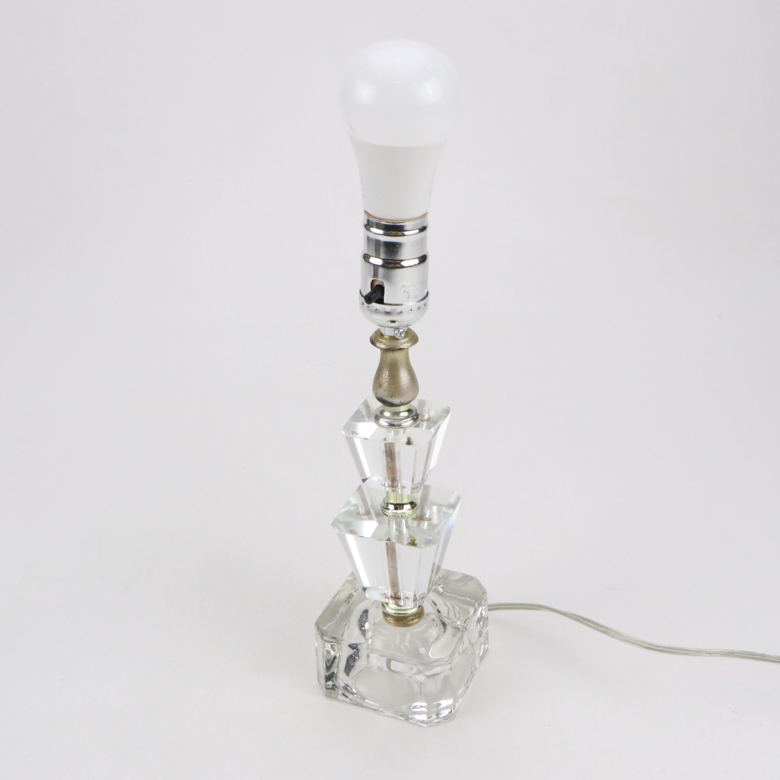 Pair of Hollywood Regency Glass Boudoir Lamps with Paneled Bell Shades