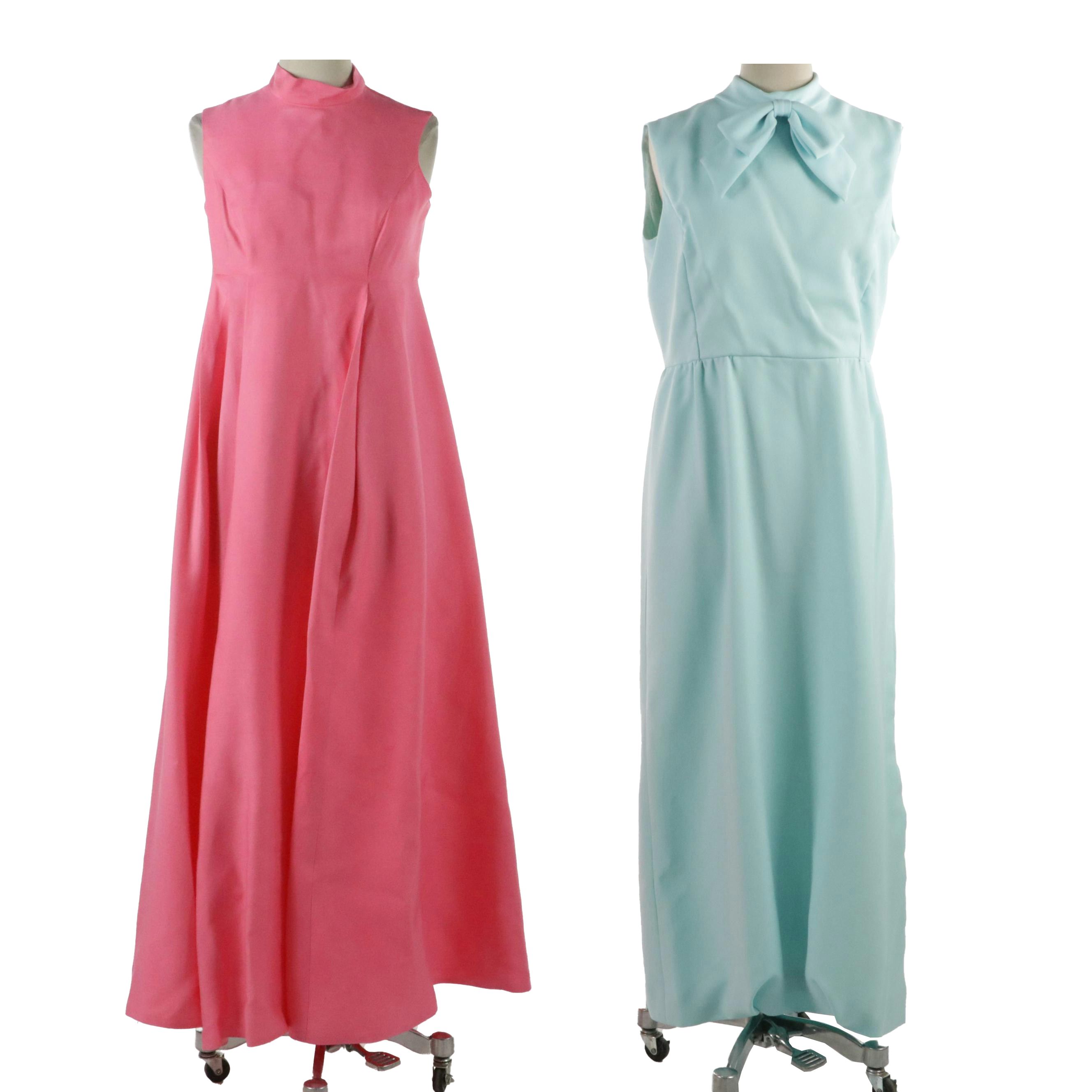 Bow Detail Sleeveless Maxi Dresses, circa 1970