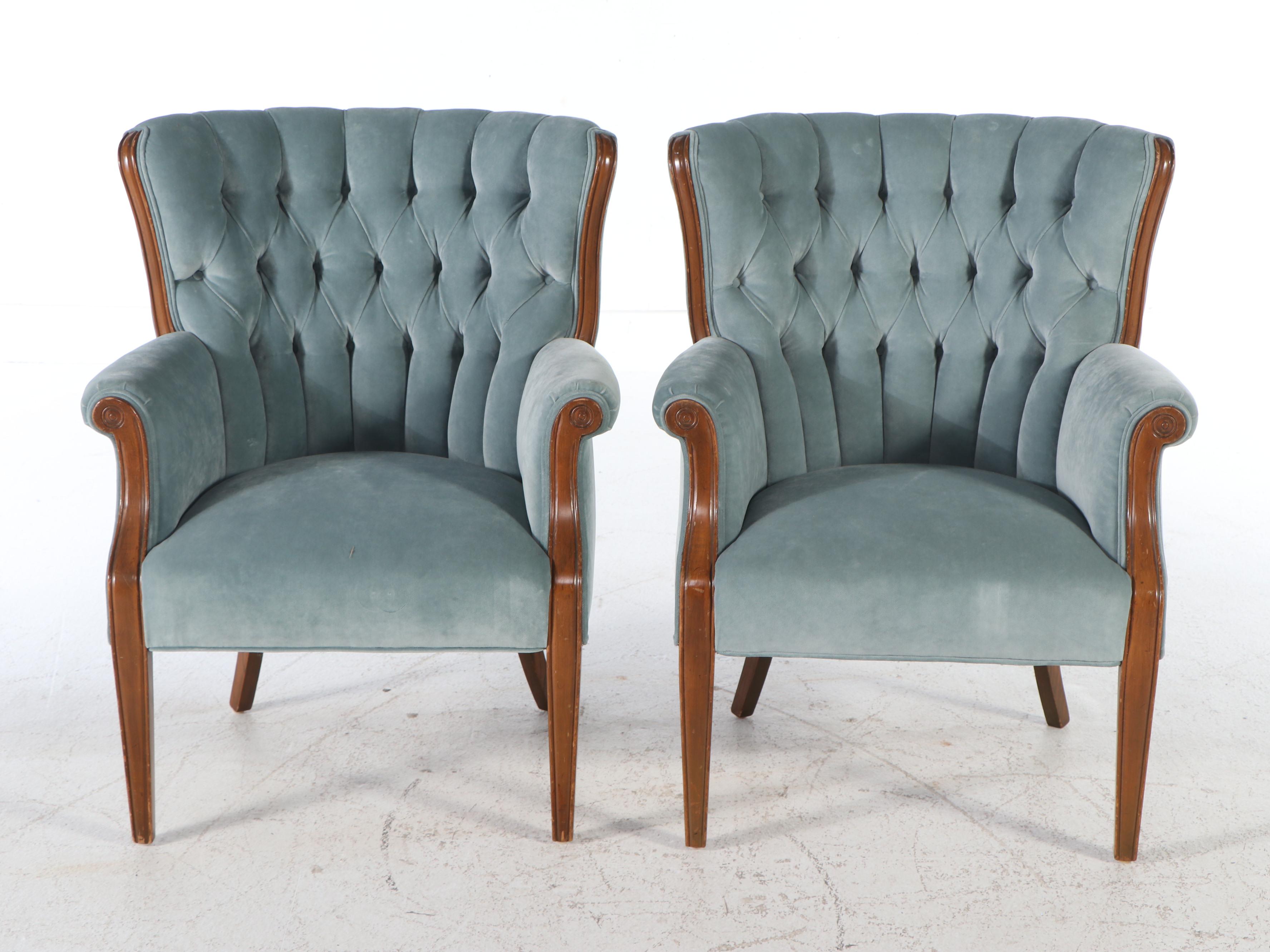 Pair of Regency Style Button-Tufted Velvet Upholstered Walnut Armchairs