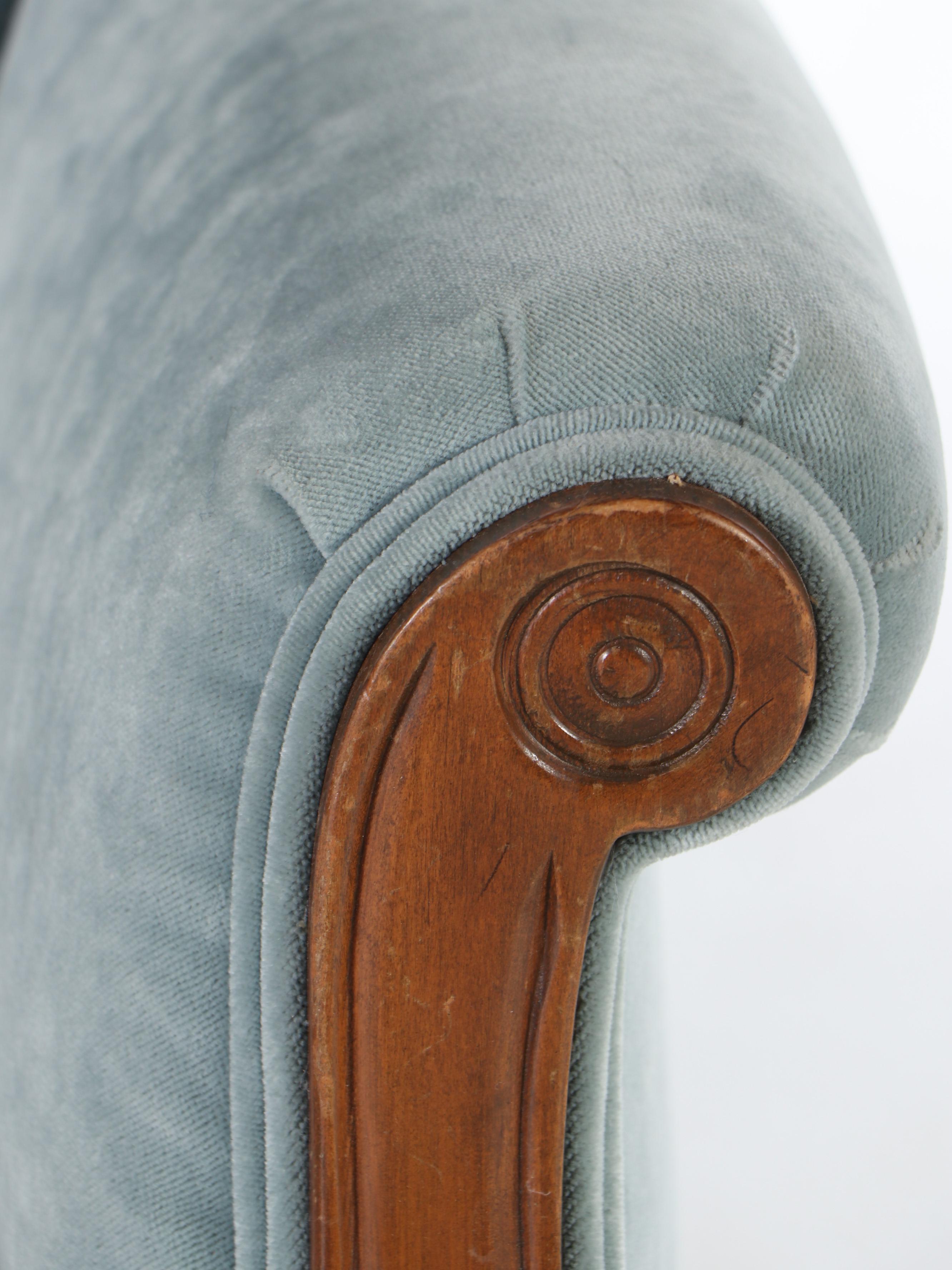 Pair of Regency Style Button-Tufted Velvet Upholstered Walnut Armchairs