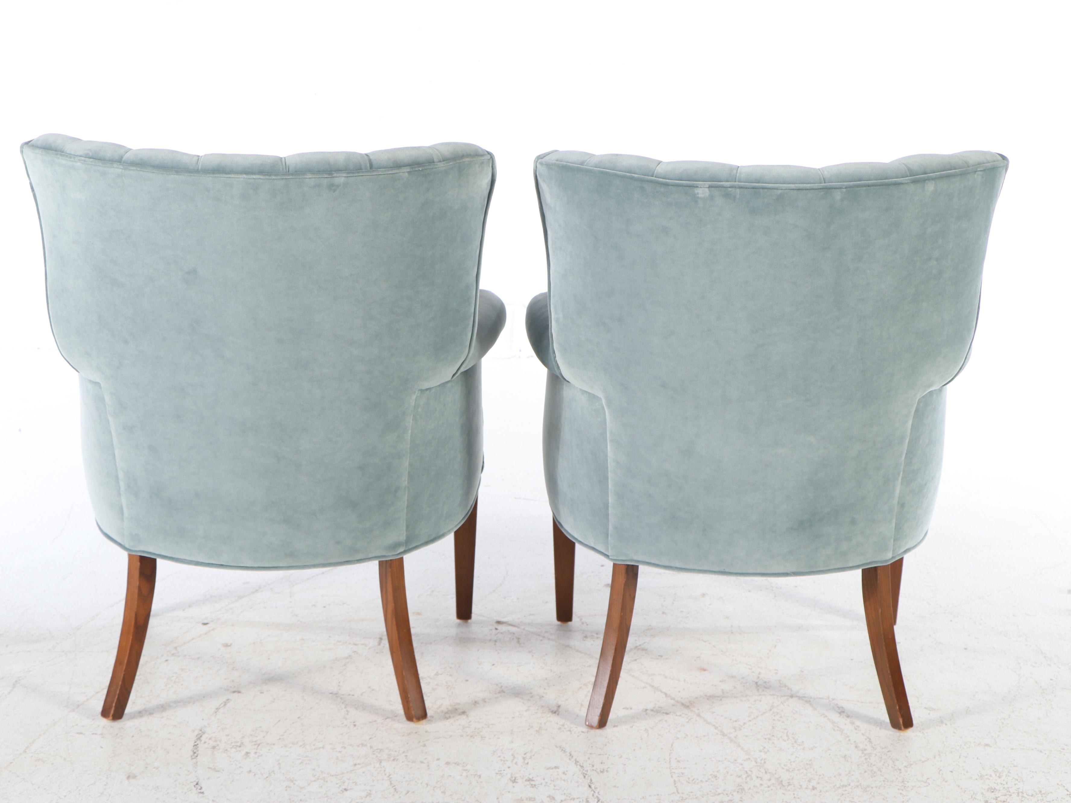 Pair of Regency Style Button-Tufted Velvet Upholstered Walnut Armchairs