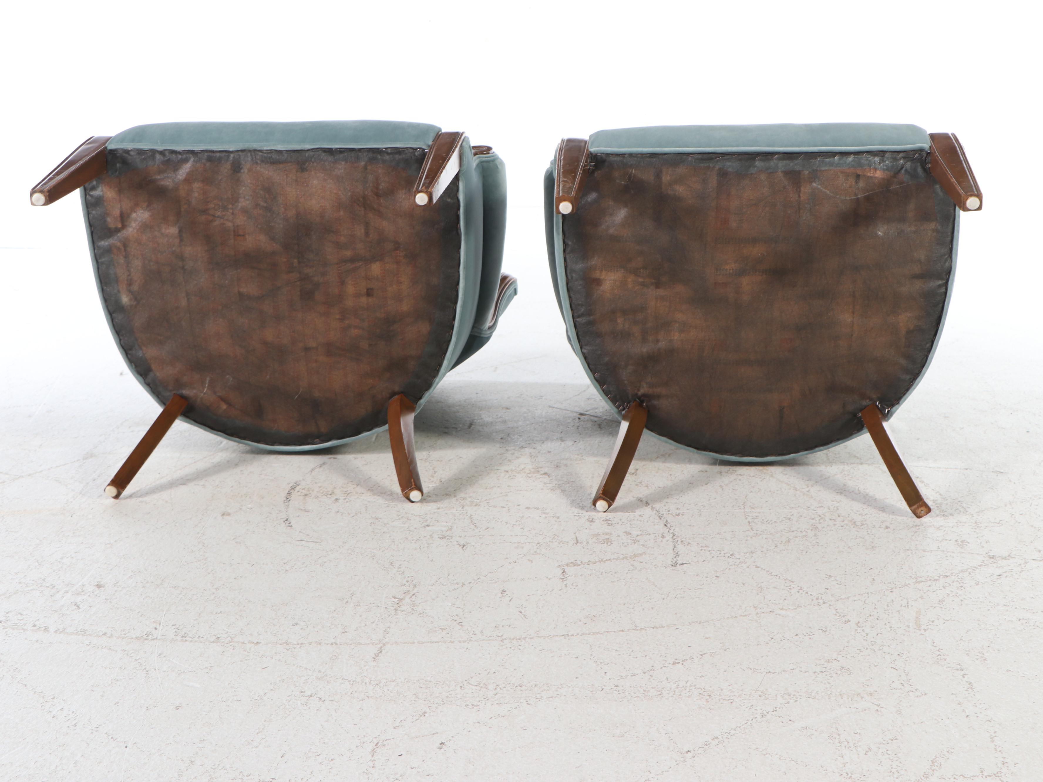 Pair of Regency Style Button-Tufted Velvet Upholstered Walnut Armchairs