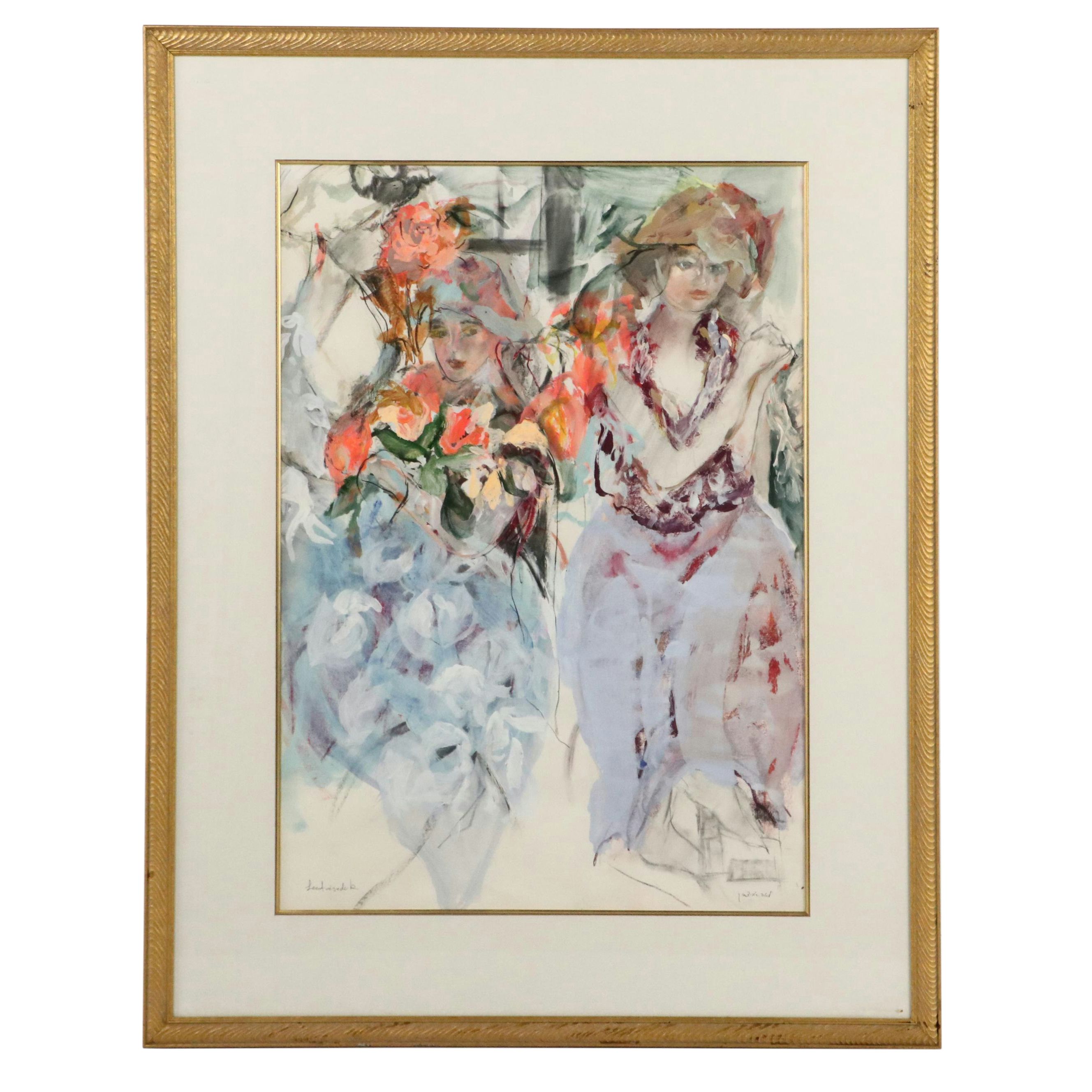 Abstract Expressionistic Mixed Media Painting of Two Women