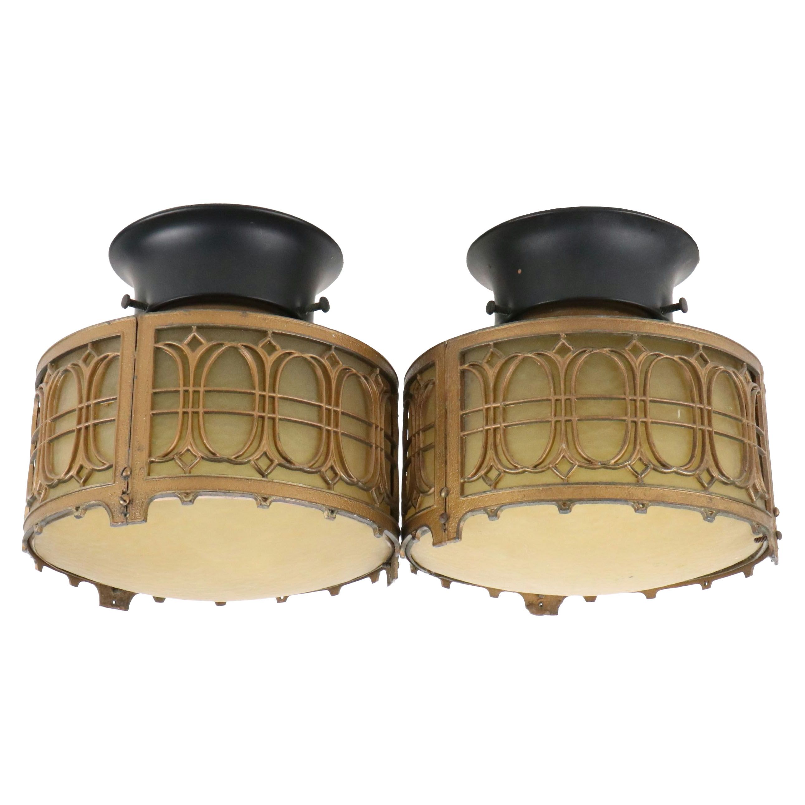 Pair of Arts and Crafts Style Metal and Pebbled Glass Ceiling Light Fixtures