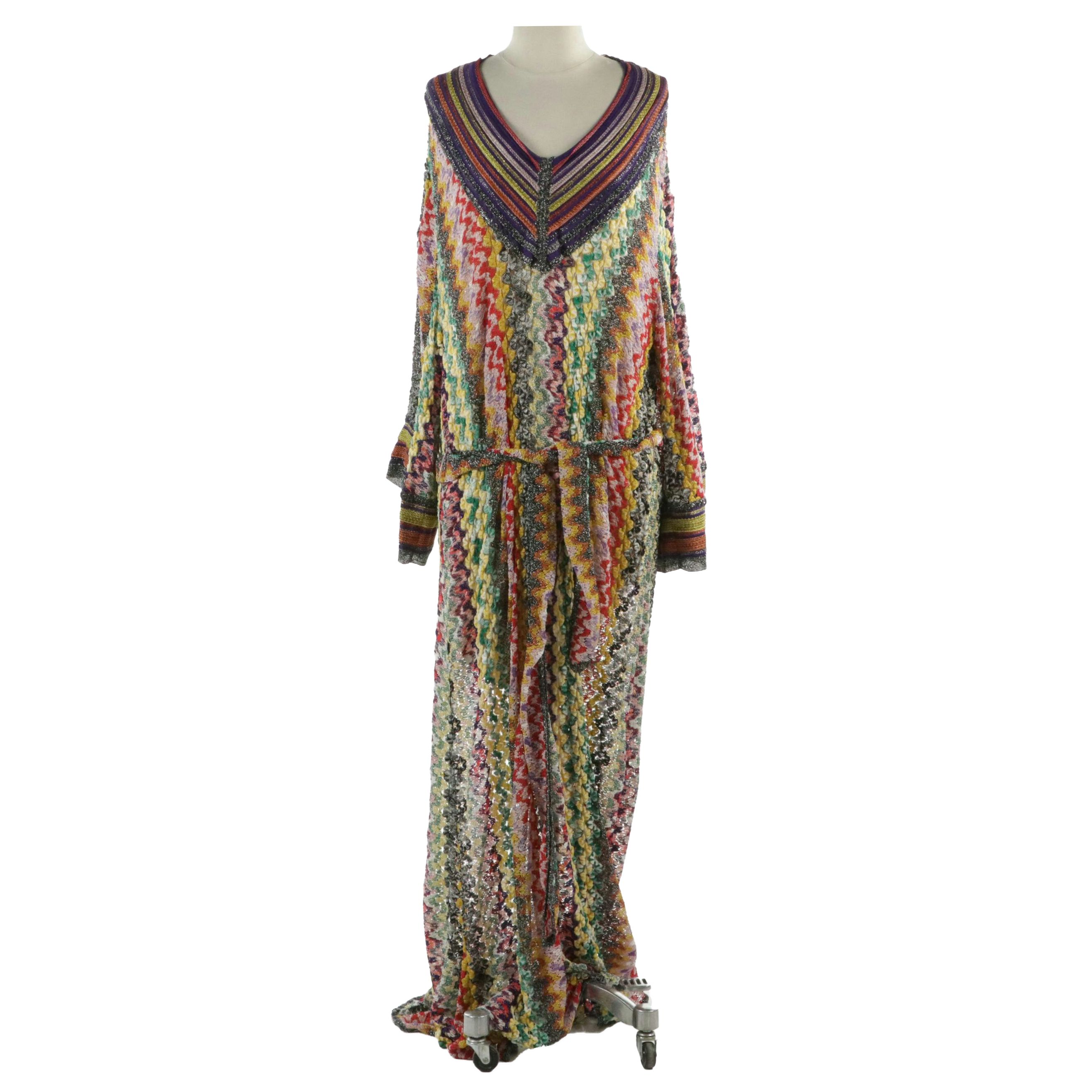 Missoni Flare Sleeve Maxi Dress in Multicolor Striped Metallic Crochet Knit