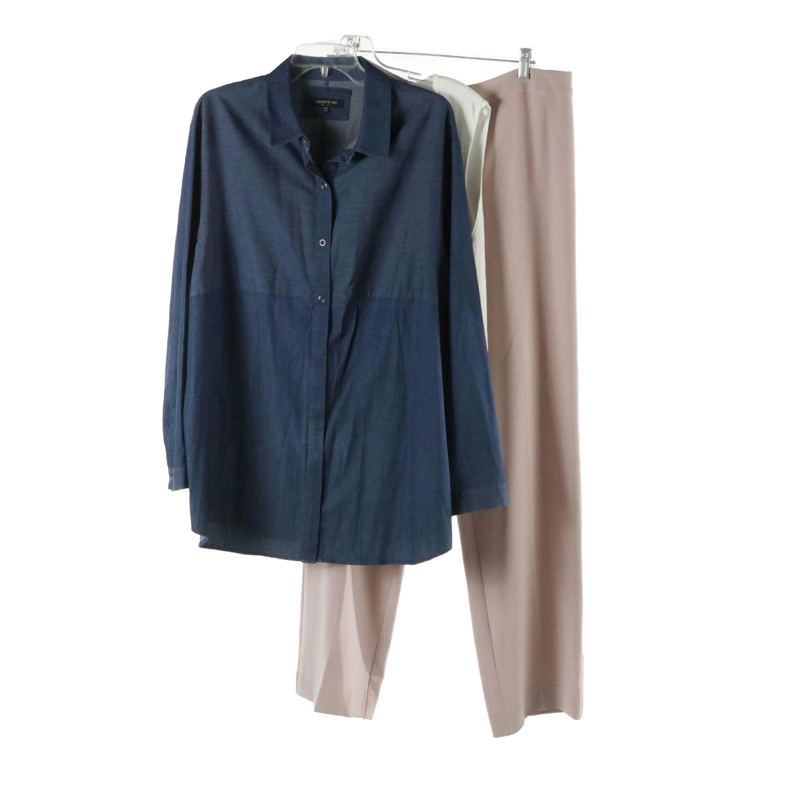 St. John Pale Pink Trousers, Lafayette 148 Denim Shirt, Other White Knit Tank