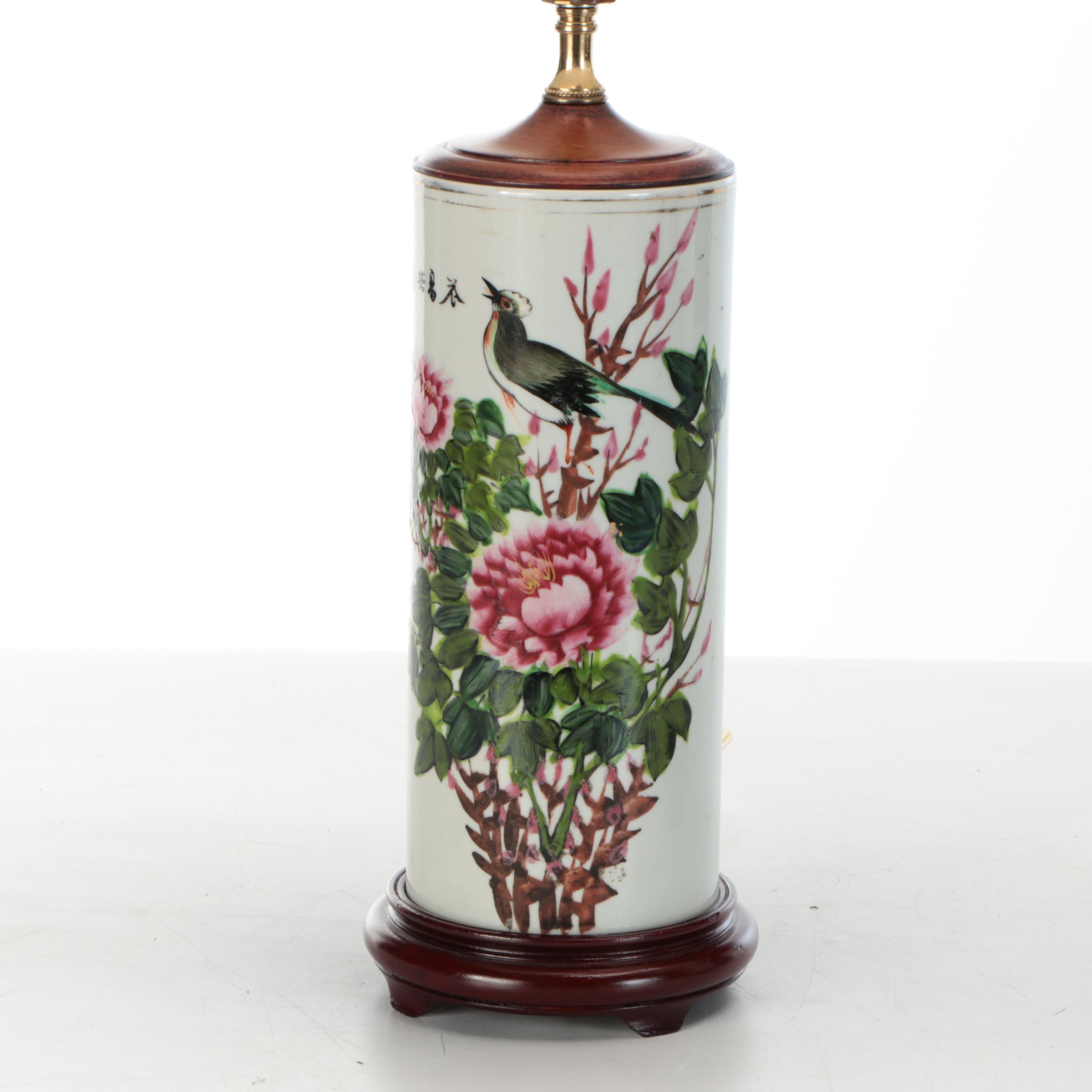 Hand-Painted Chinese Porcelain Hat Stand Table Lamps with Silk Shades