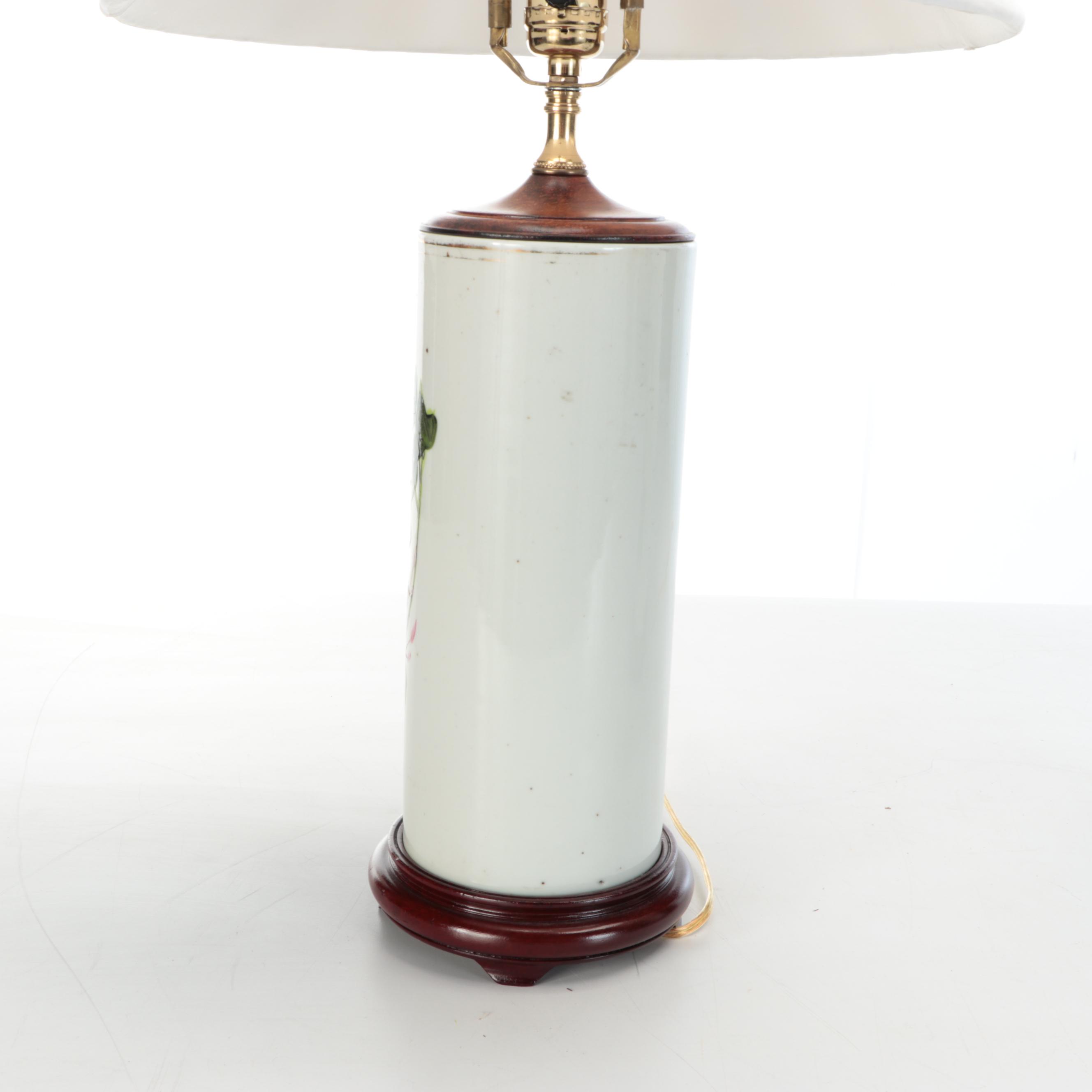 Hand-Painted Chinese Porcelain Hat Stand Table Lamps with Silk Shades