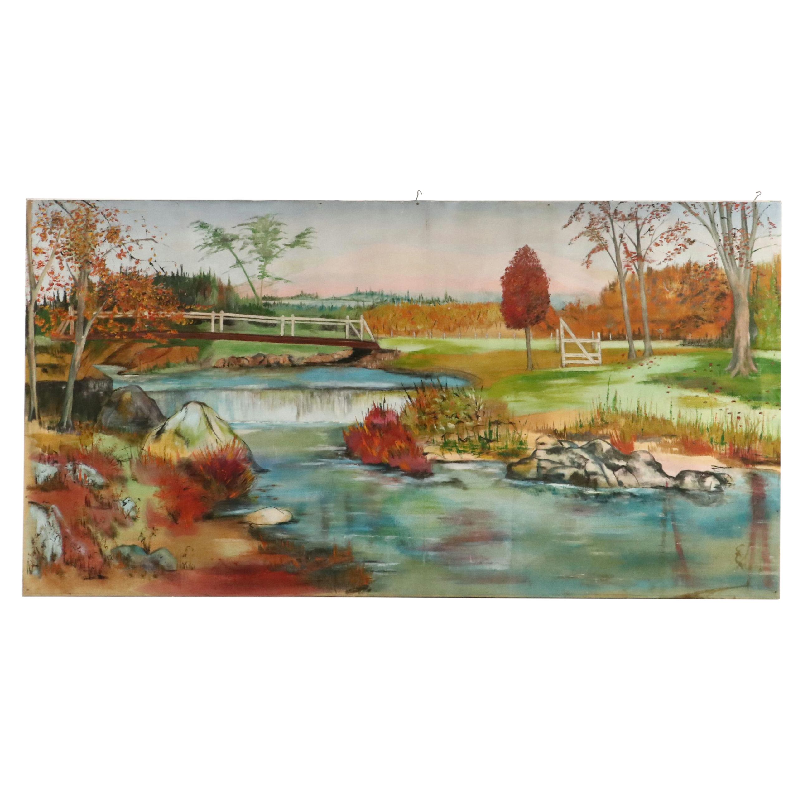Large-Scale River Landscape Oil Painting of Bridge, Late 20th Century