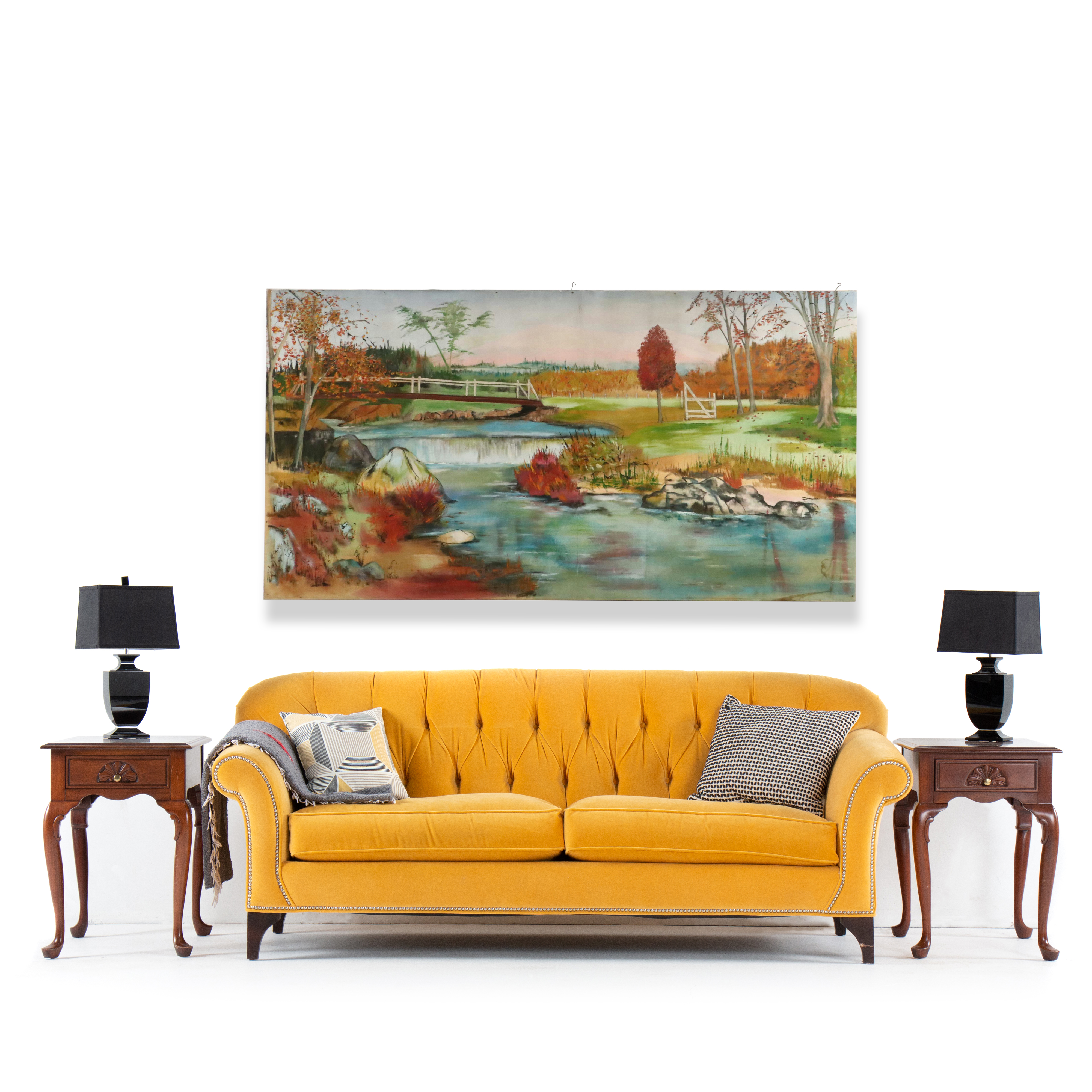 Large-Scale River Landscape Oil Painting of Bridge, Late 20th Century