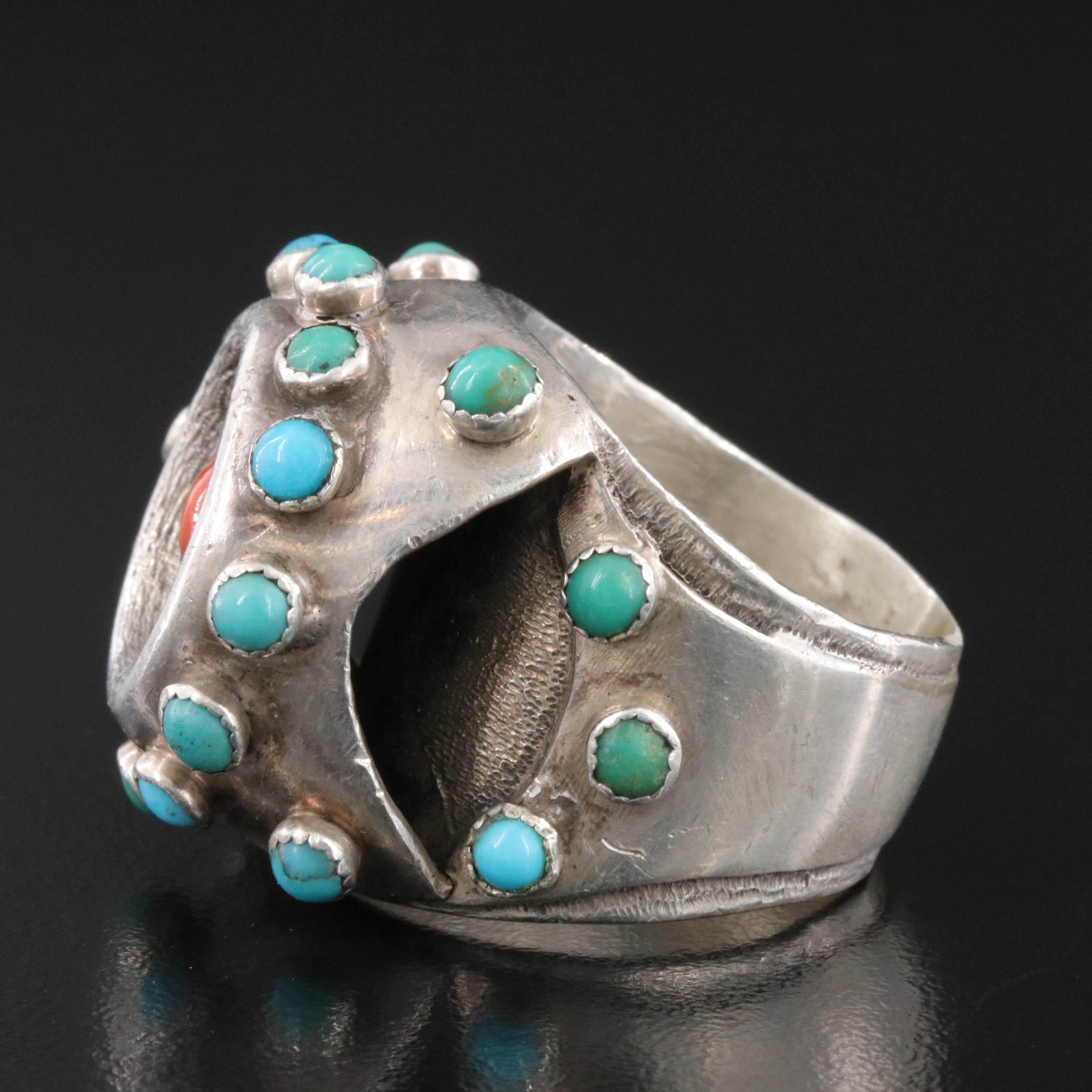 Studio Style Sterling Turquoise and Coral Ring
