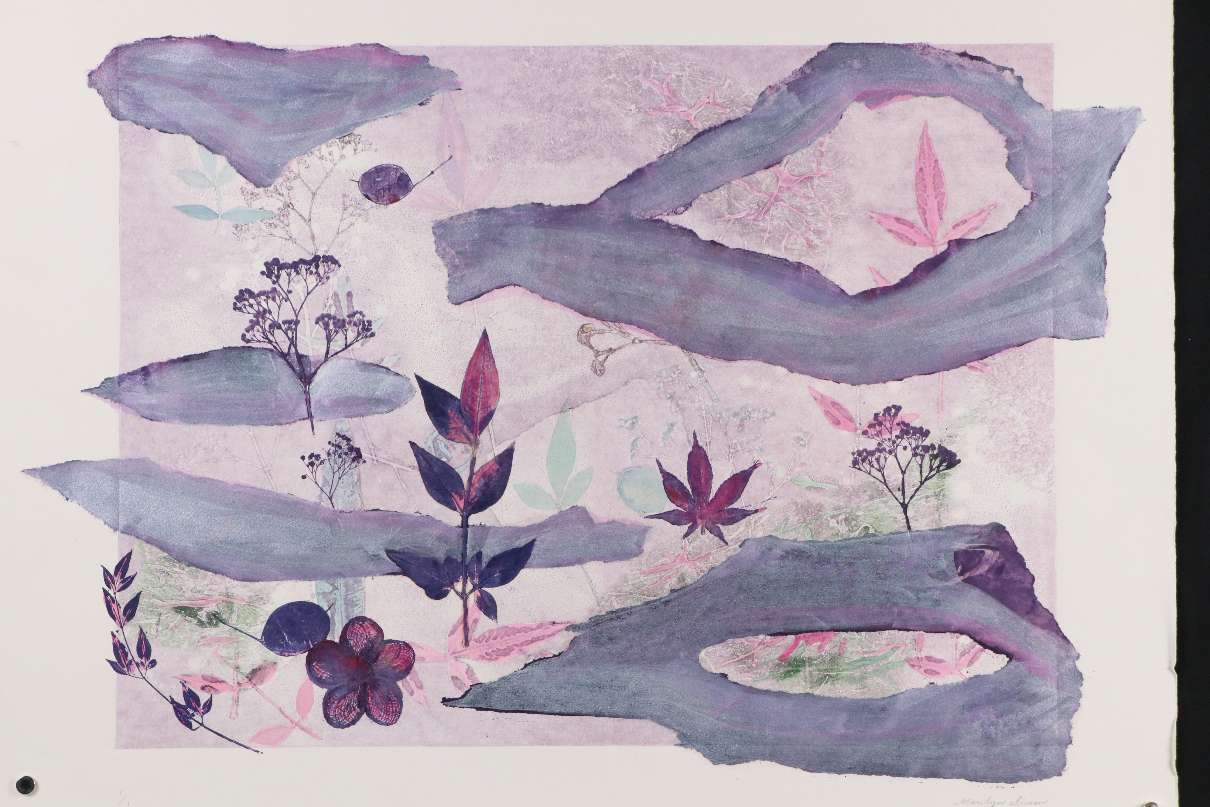 Marilyn Simon Botanical Purple Monoprint Diptych, Late 20th Century