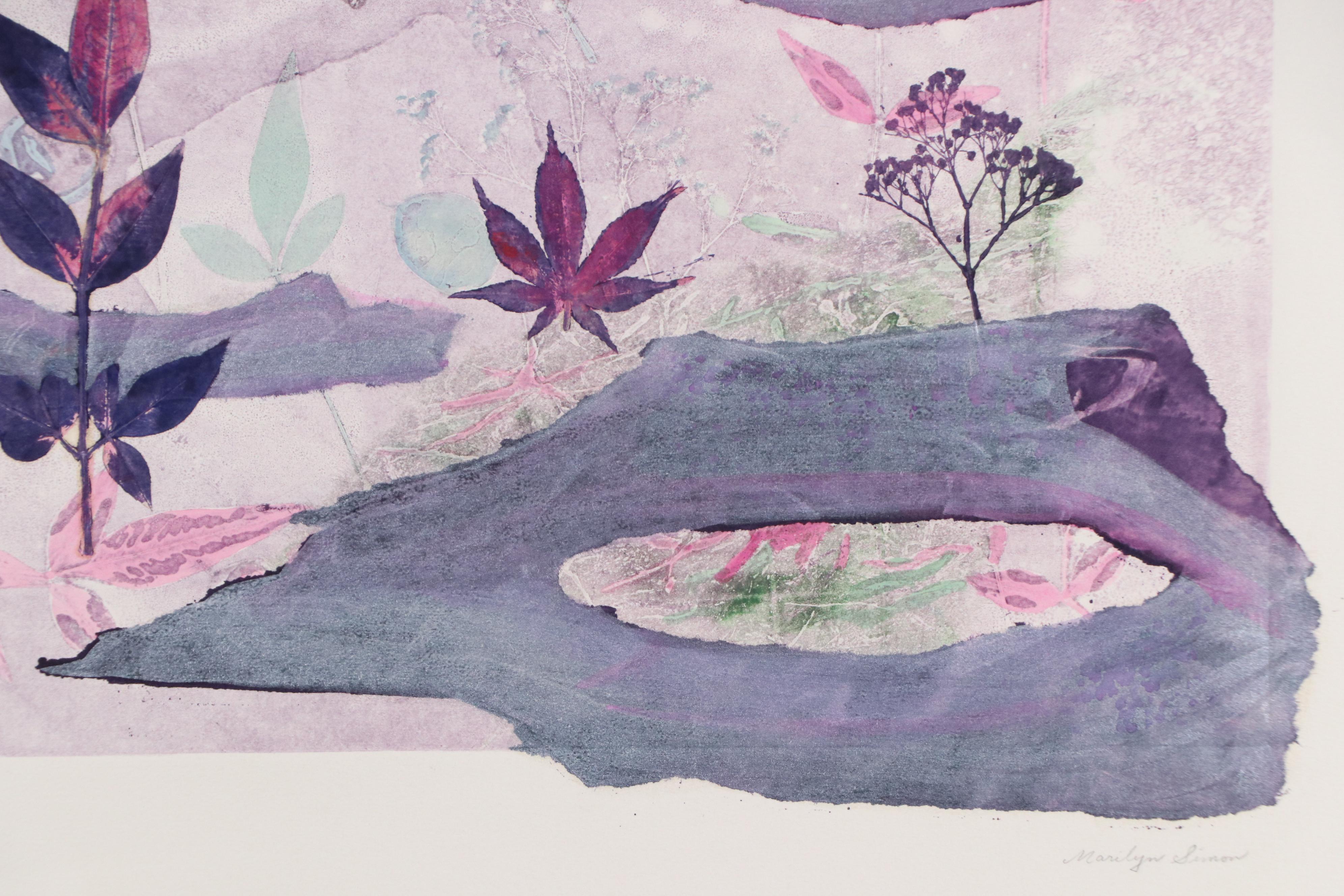 Marilyn Simon Botanical Purple Monoprint Diptych, Late 20th Century