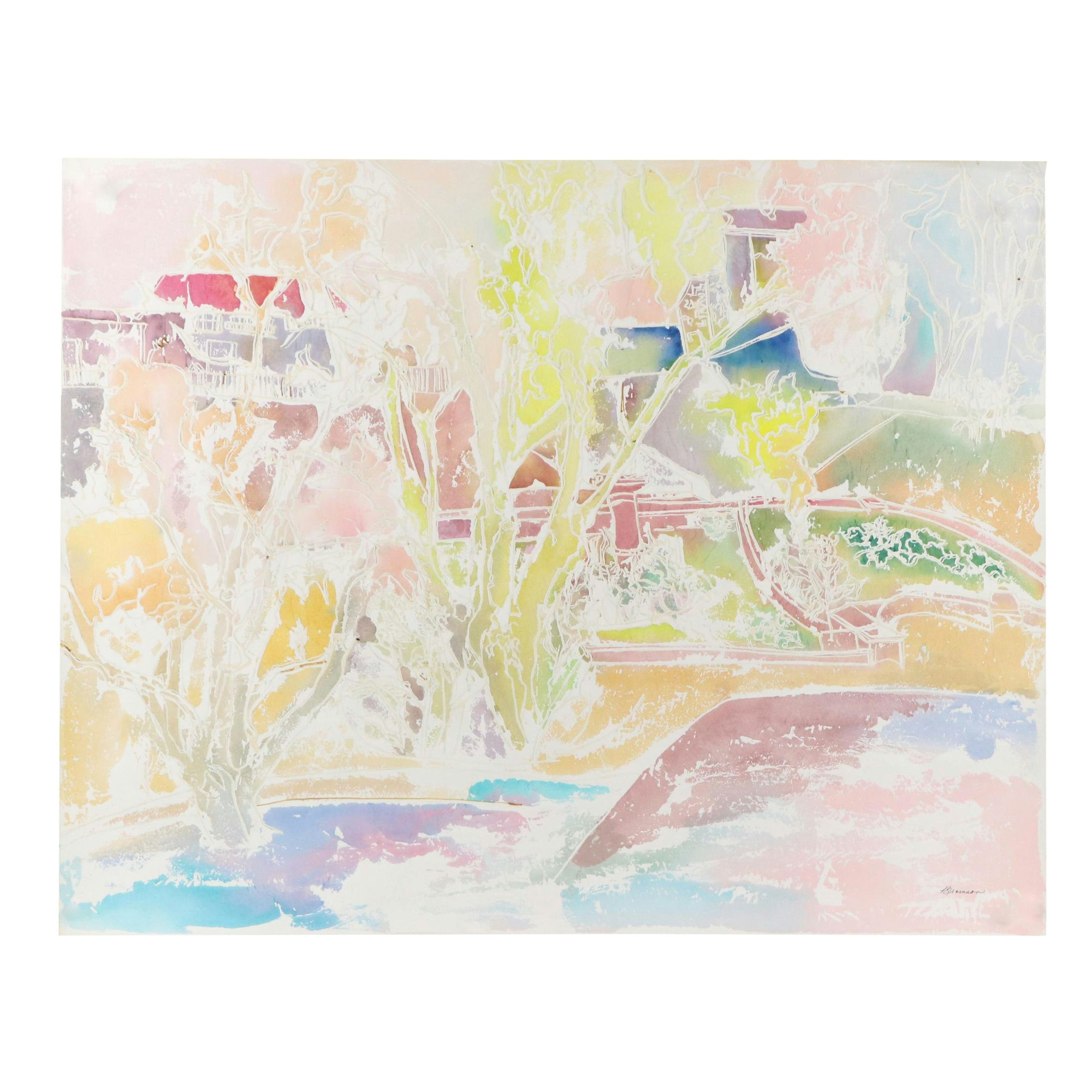 Bramson Colorful Landscape Watercolor Painting, Late 20th Century