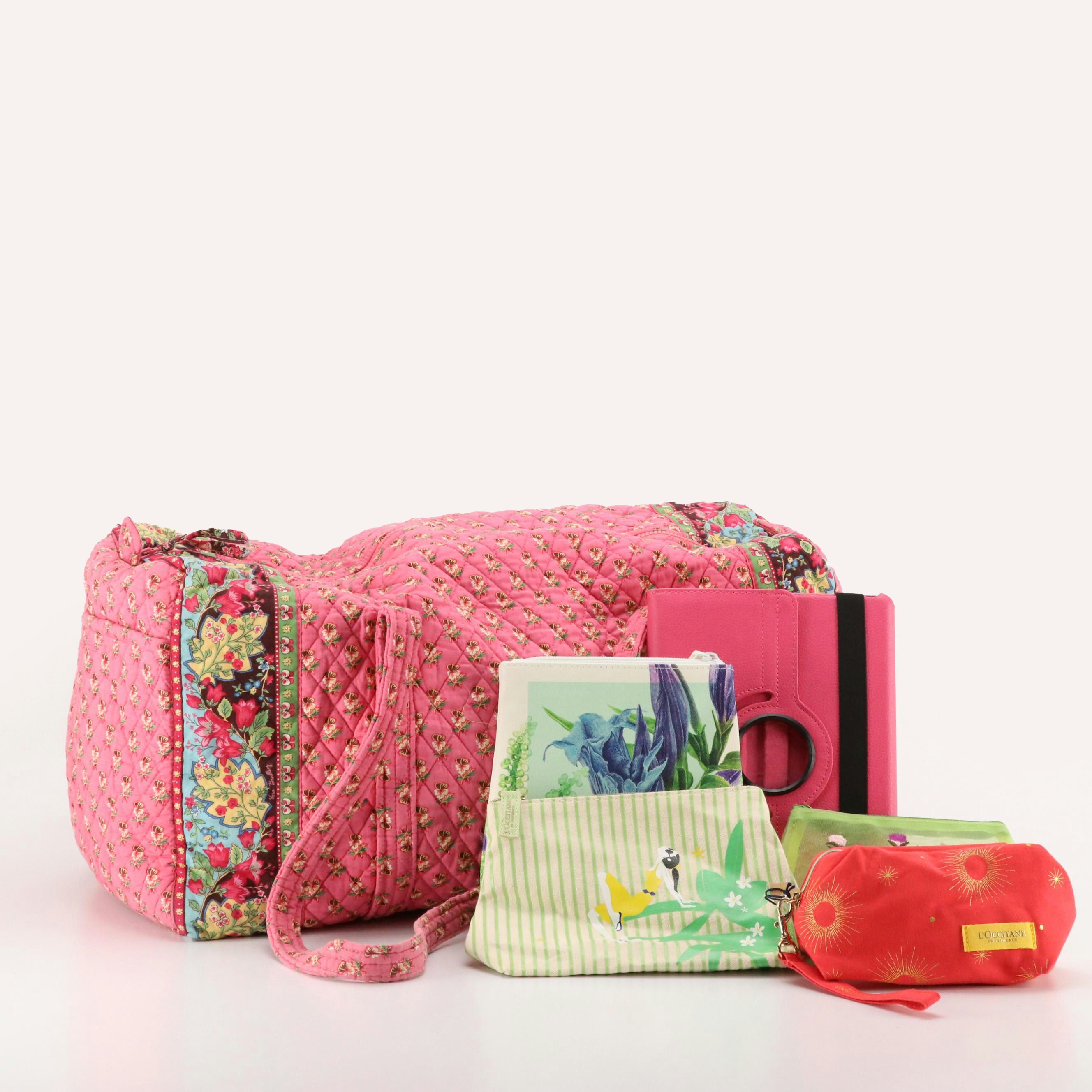 Vera Bradley "Pink Pansy" Duffle Bag with Other iPad Cover and Cosmetic Pouches