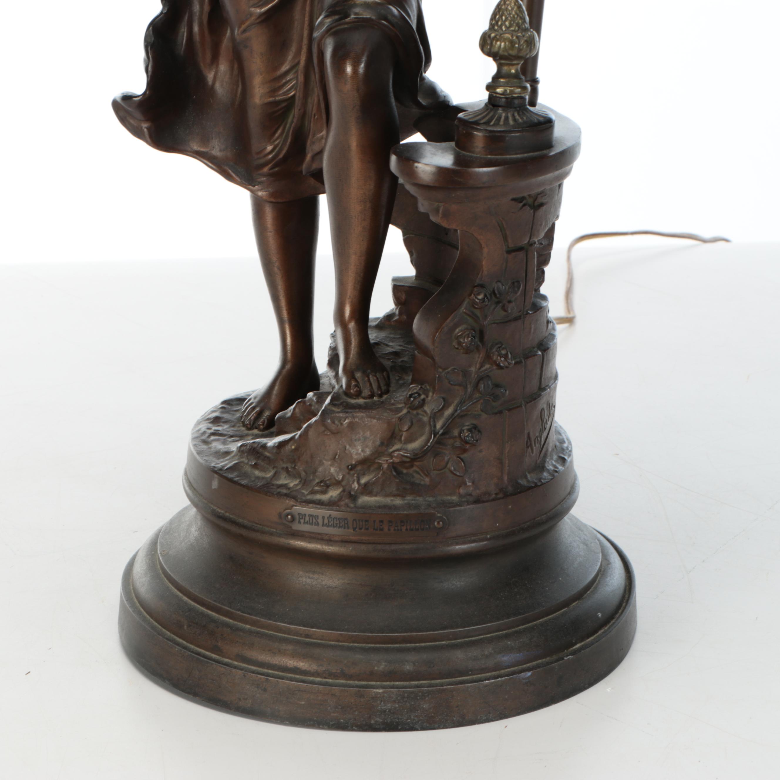 Art Nouveau Style Figural Table Lamp with Smocked Bell Shade