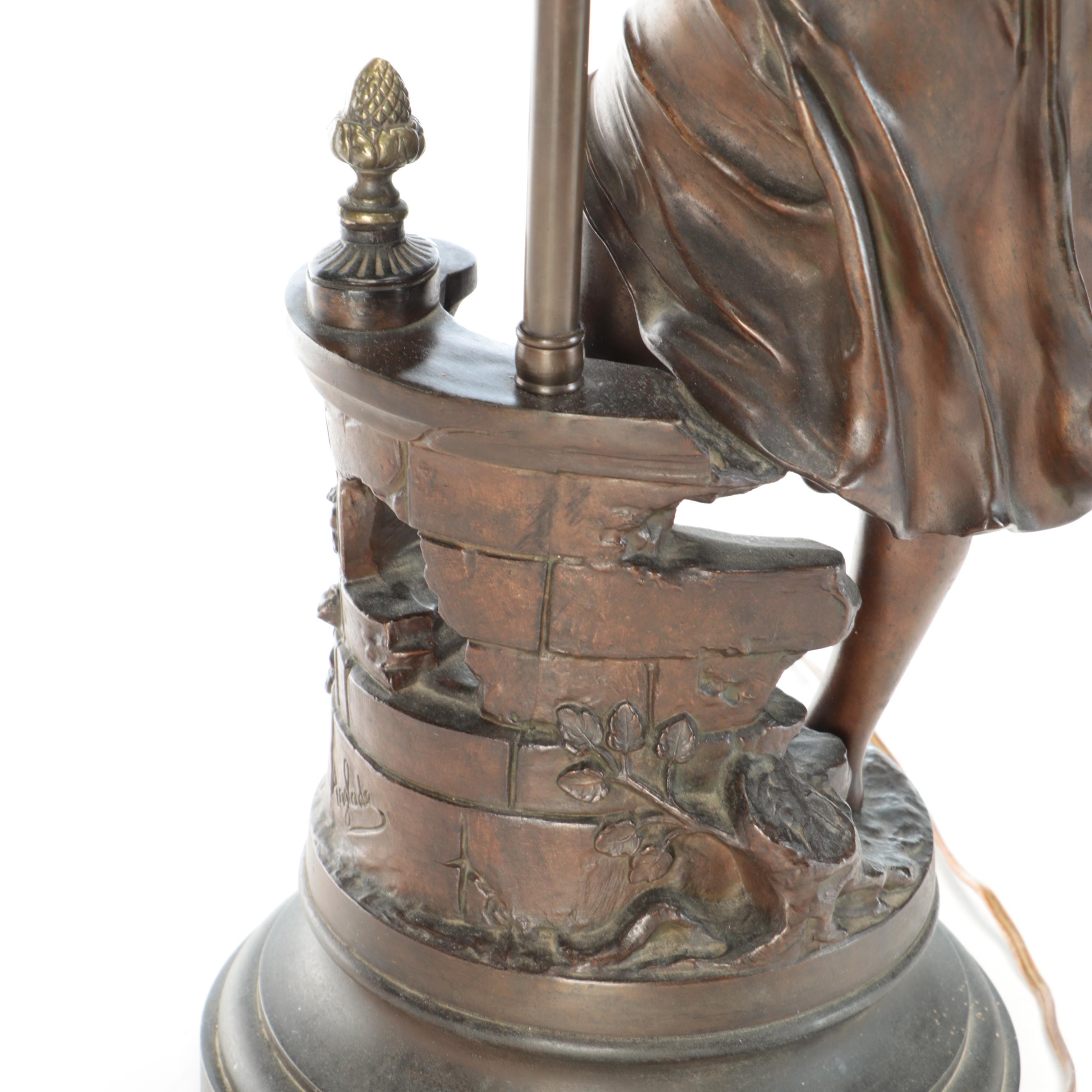 Art Nouveau Style Figural Table Lamp with Smocked Bell Shade