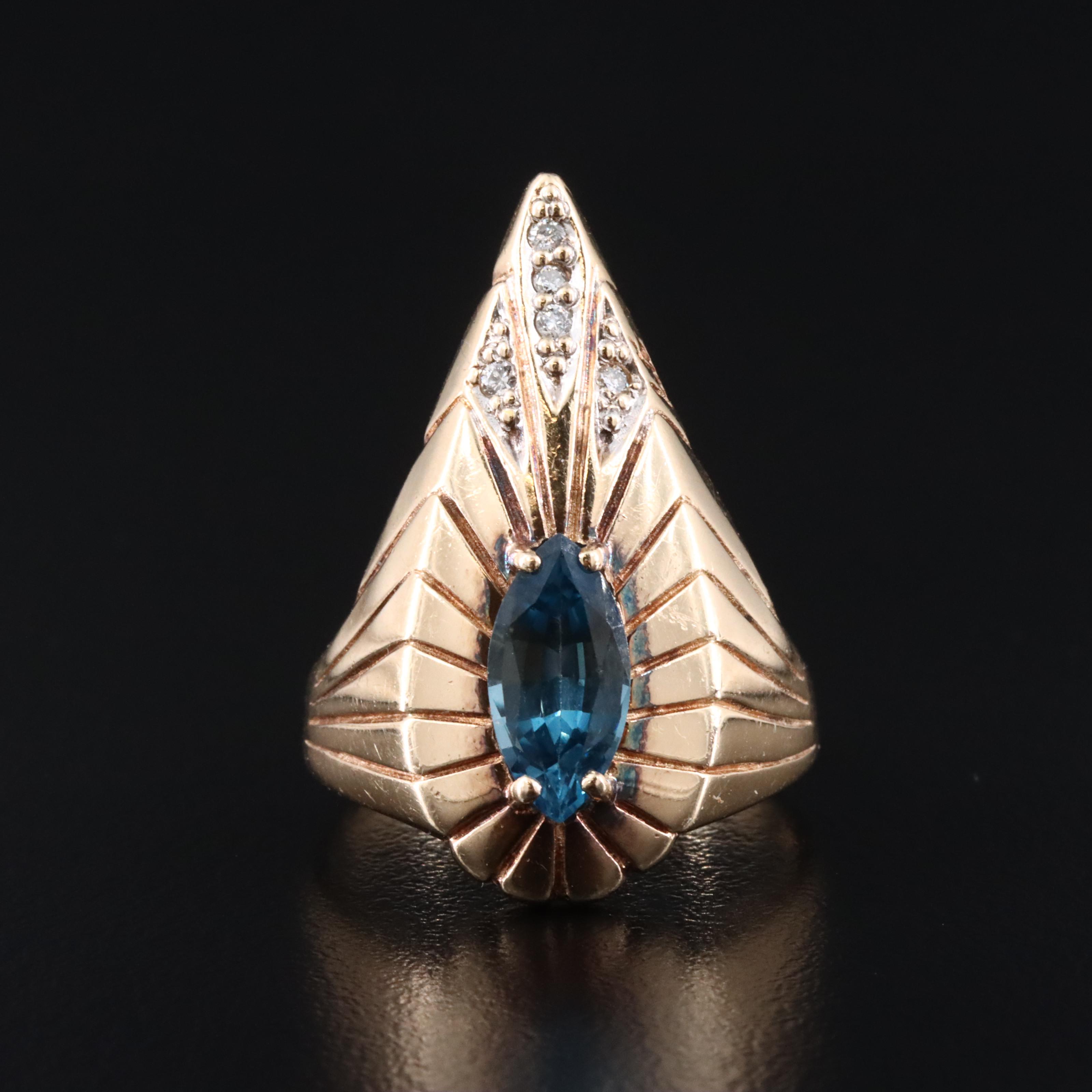 Erté 14K Blue Topaz and Diamond Peacock Ring