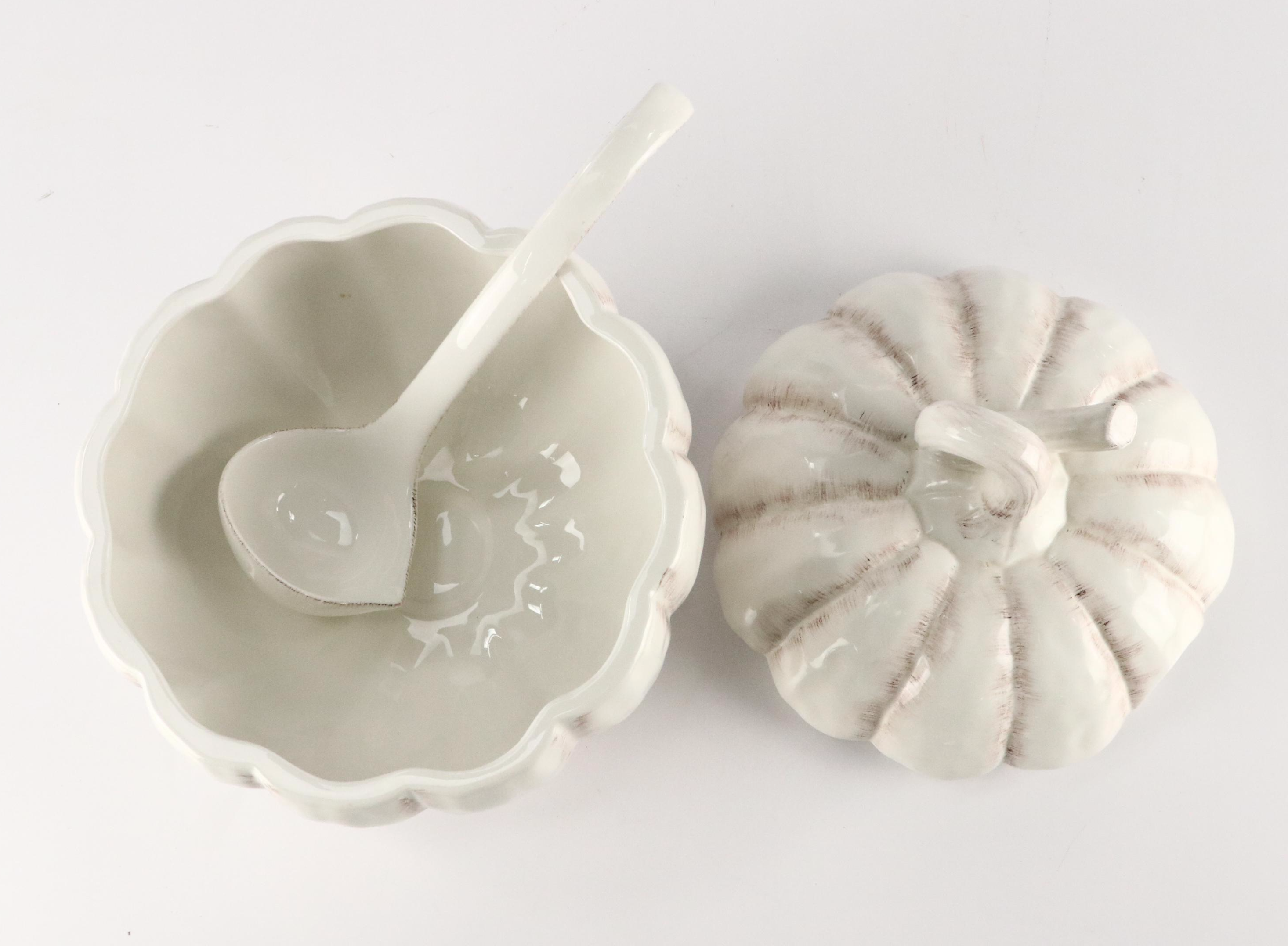American Atelier "Pumpkin" White Earthenware Tureen with Ladle