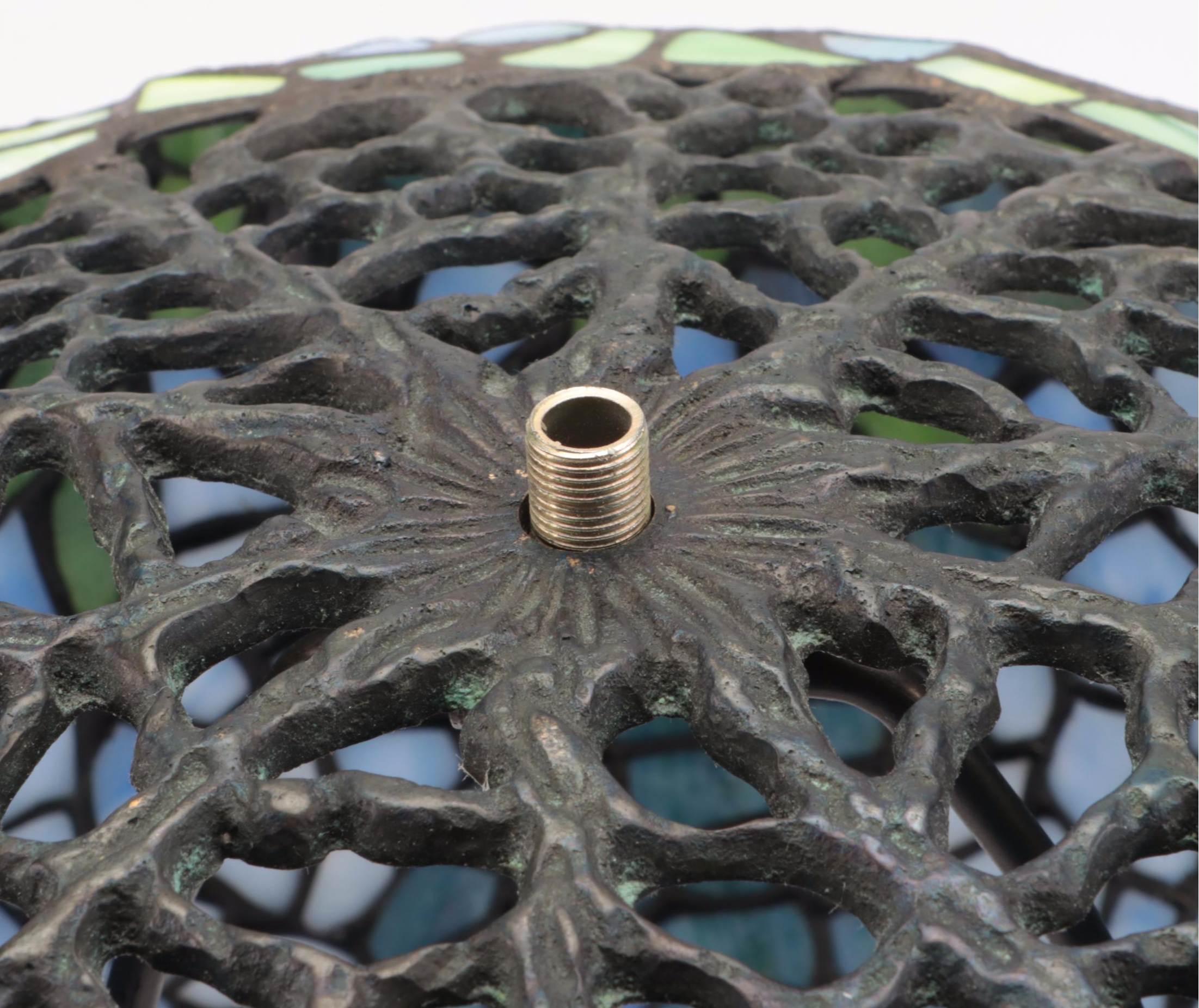 Art Nouveau Style Bronzed Metal Lamp With Wisteria Slag Glass Shade