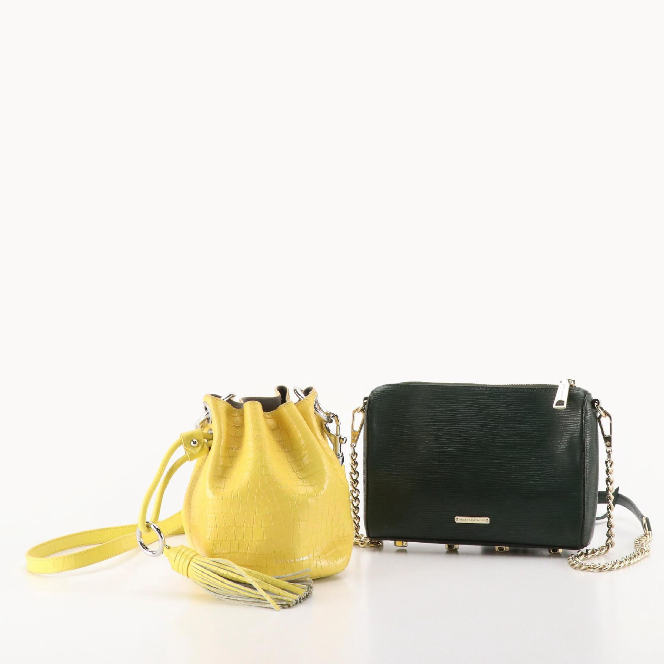 Rebecca Minkoff Yellow Croc Embossed Bucket Bag & Green Chain Strap Crossbody