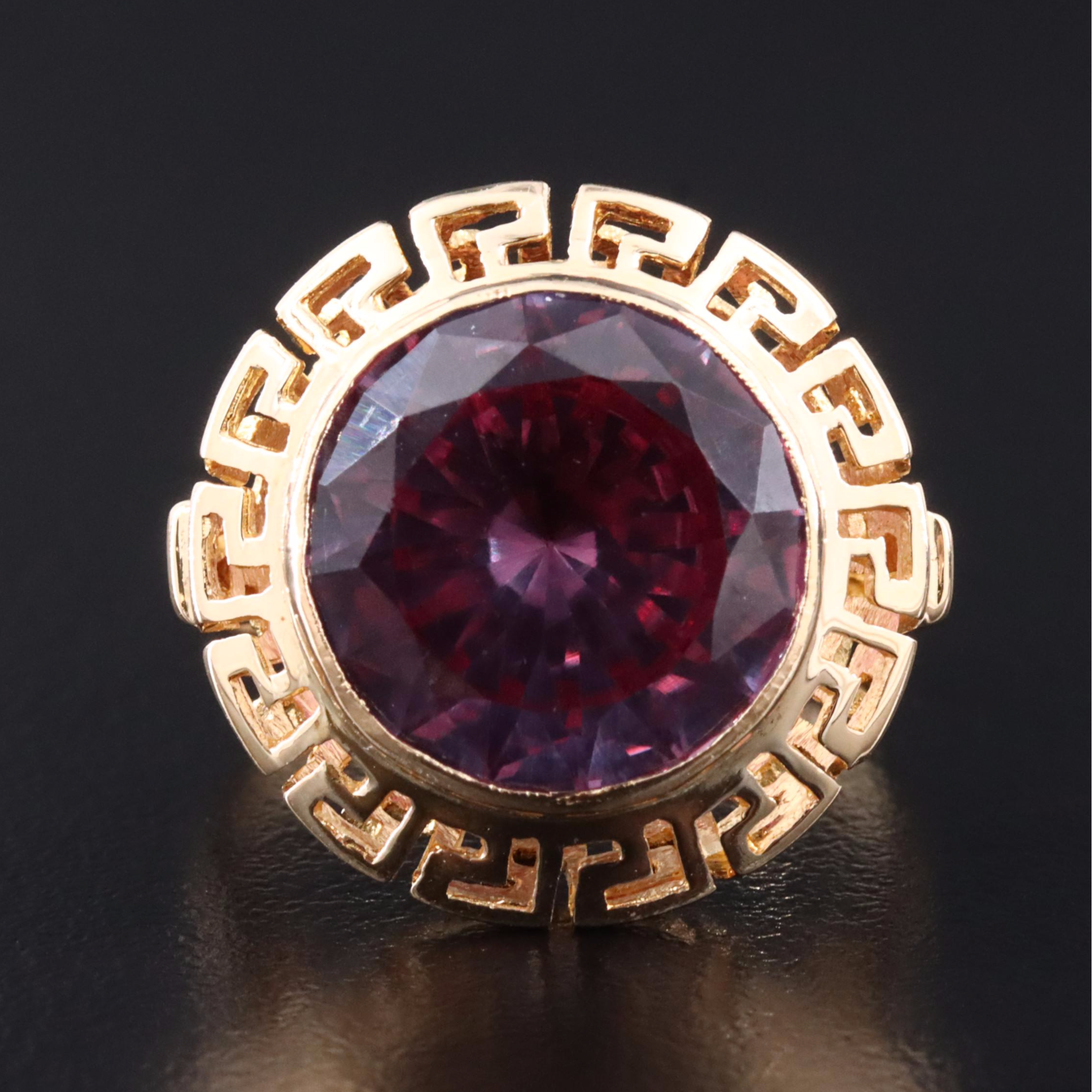 Vintage 14K Color Change Sapphire Ring with Greek Key Detail