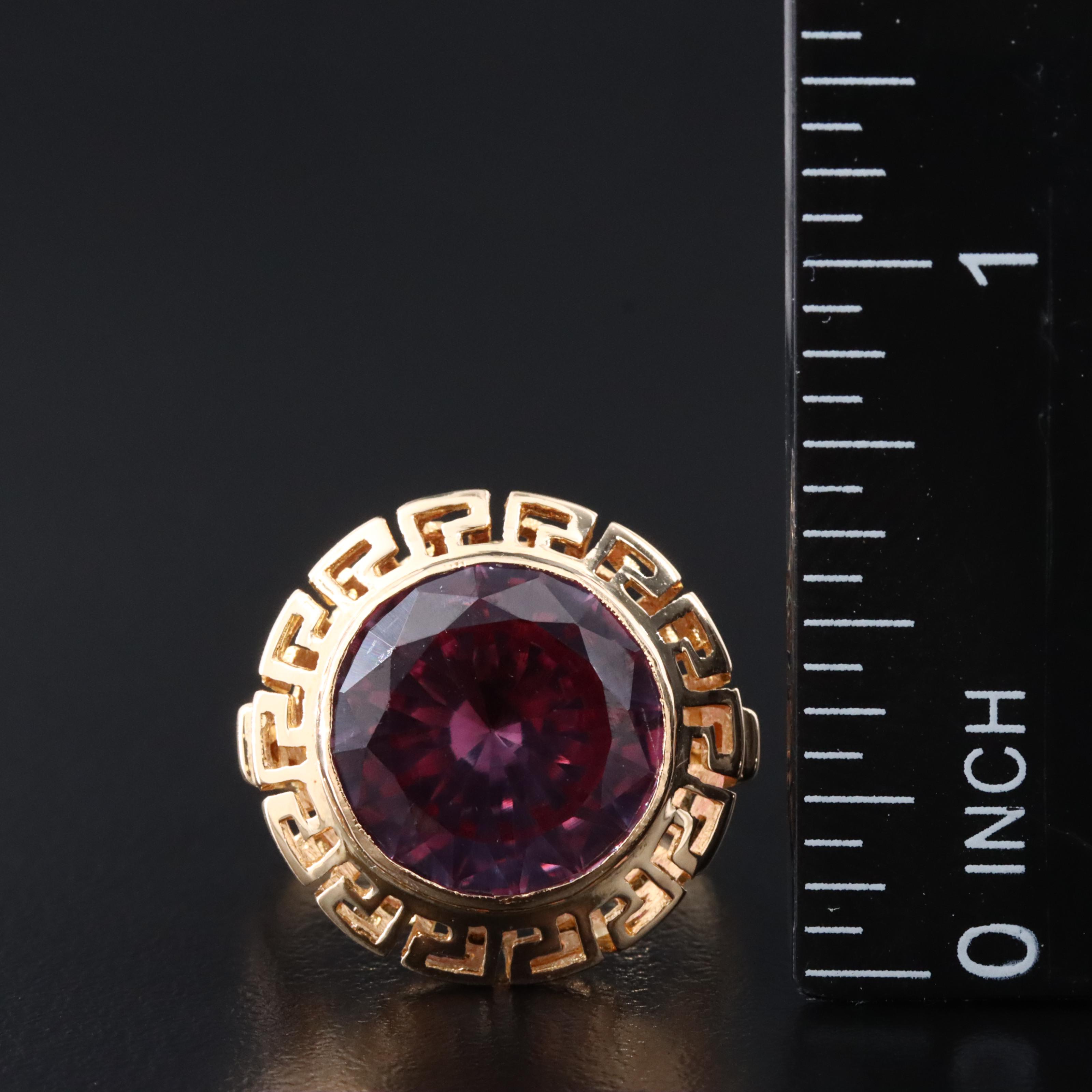 Vintage 14K Color Change Sapphire Ring with Greek Key Detail
