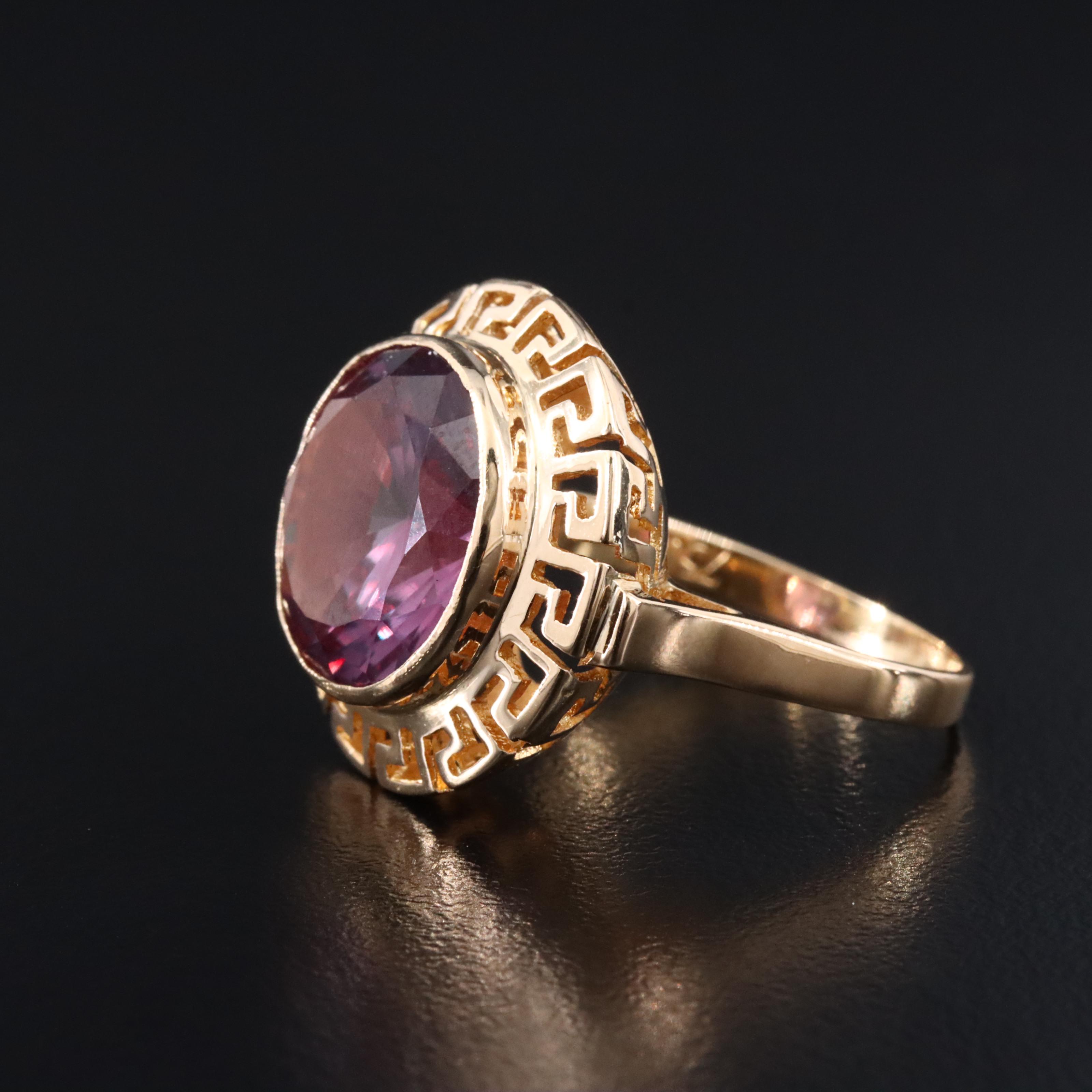 Vintage 14K Color Change Sapphire Ring with Greek Key Detail