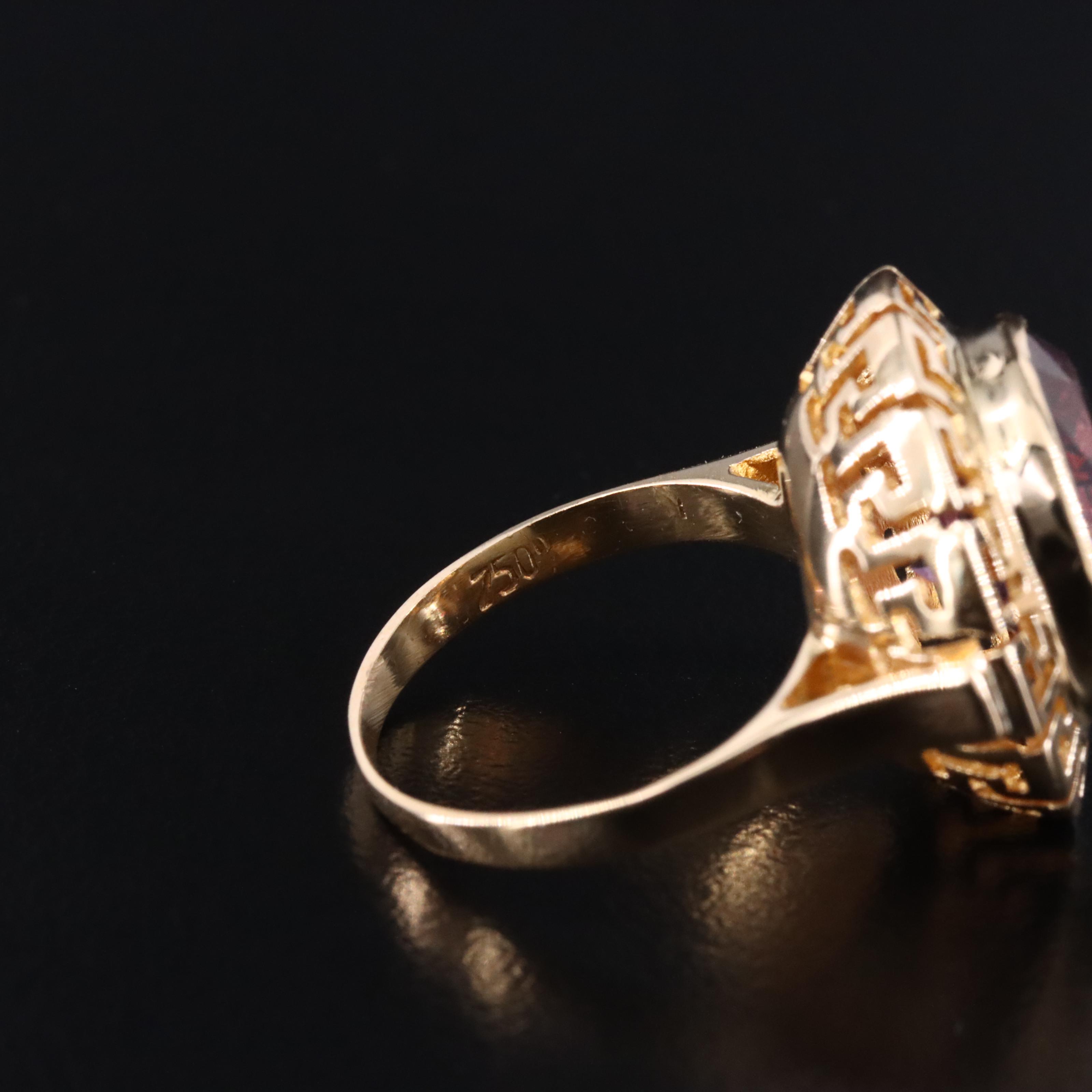 Vintage 14K Color Change Sapphire Ring with Greek Key Detail