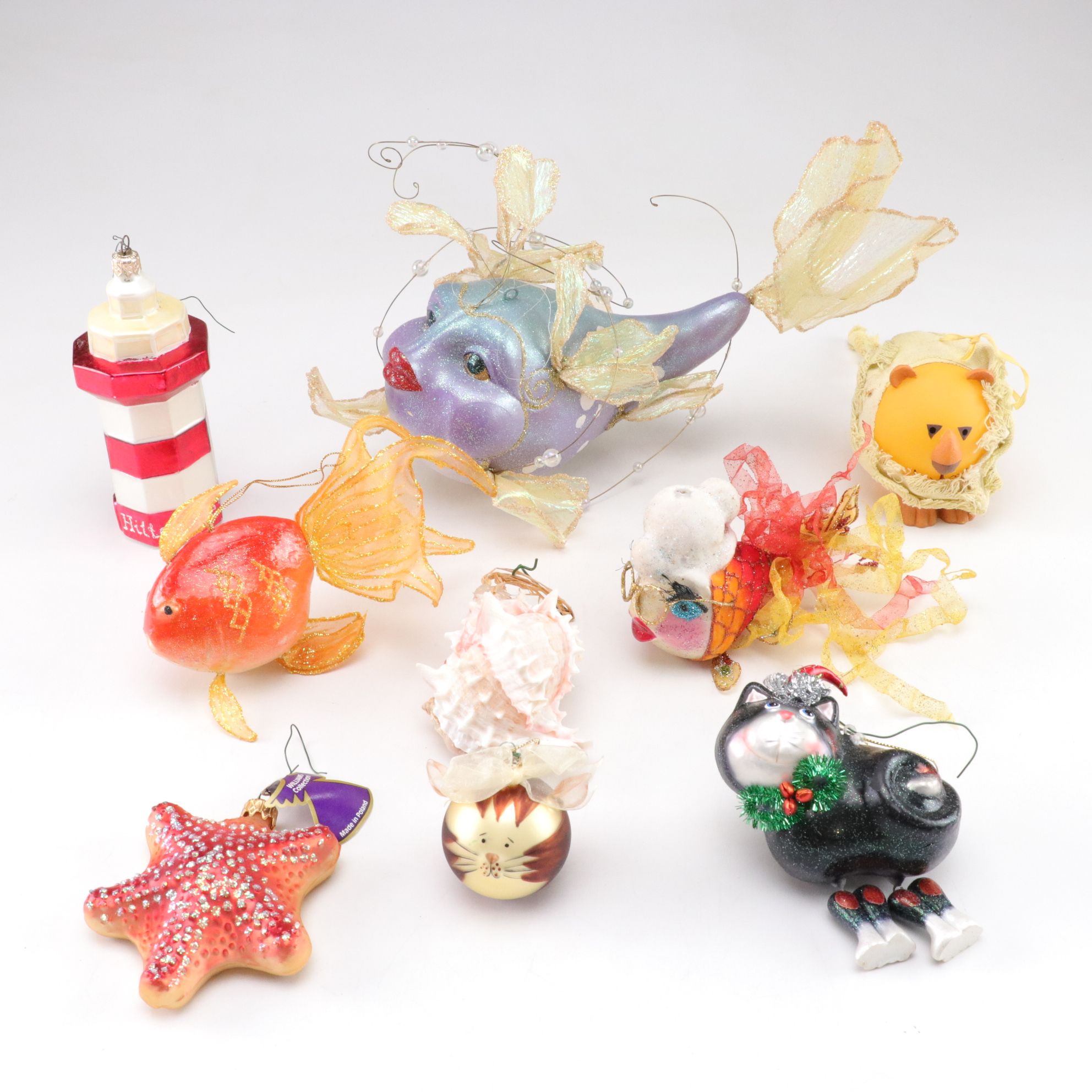 Glitter & Ribbon Fish with Other Nautical Christmas Tree Ornaments