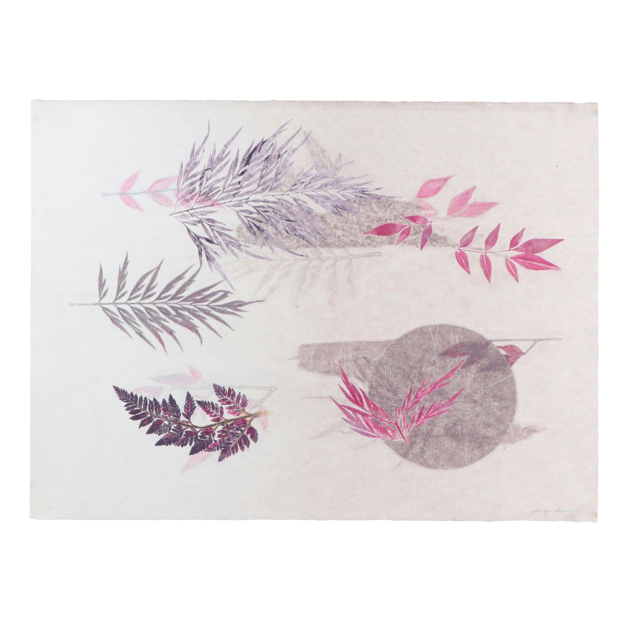 Marilyn Simon Botanical Purple Monoprint Diptych, Late 20th Century