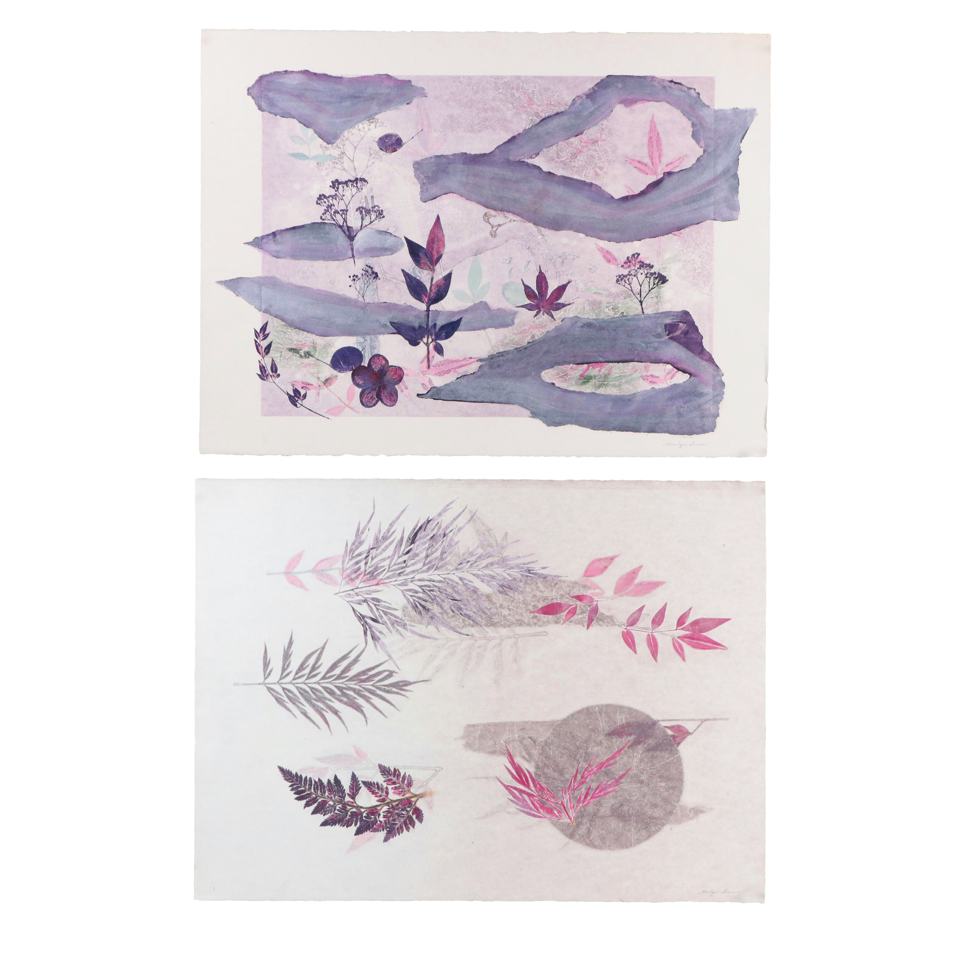 Marilyn Simon Botanical Purple Monoprint Diptych, Late 20th Century