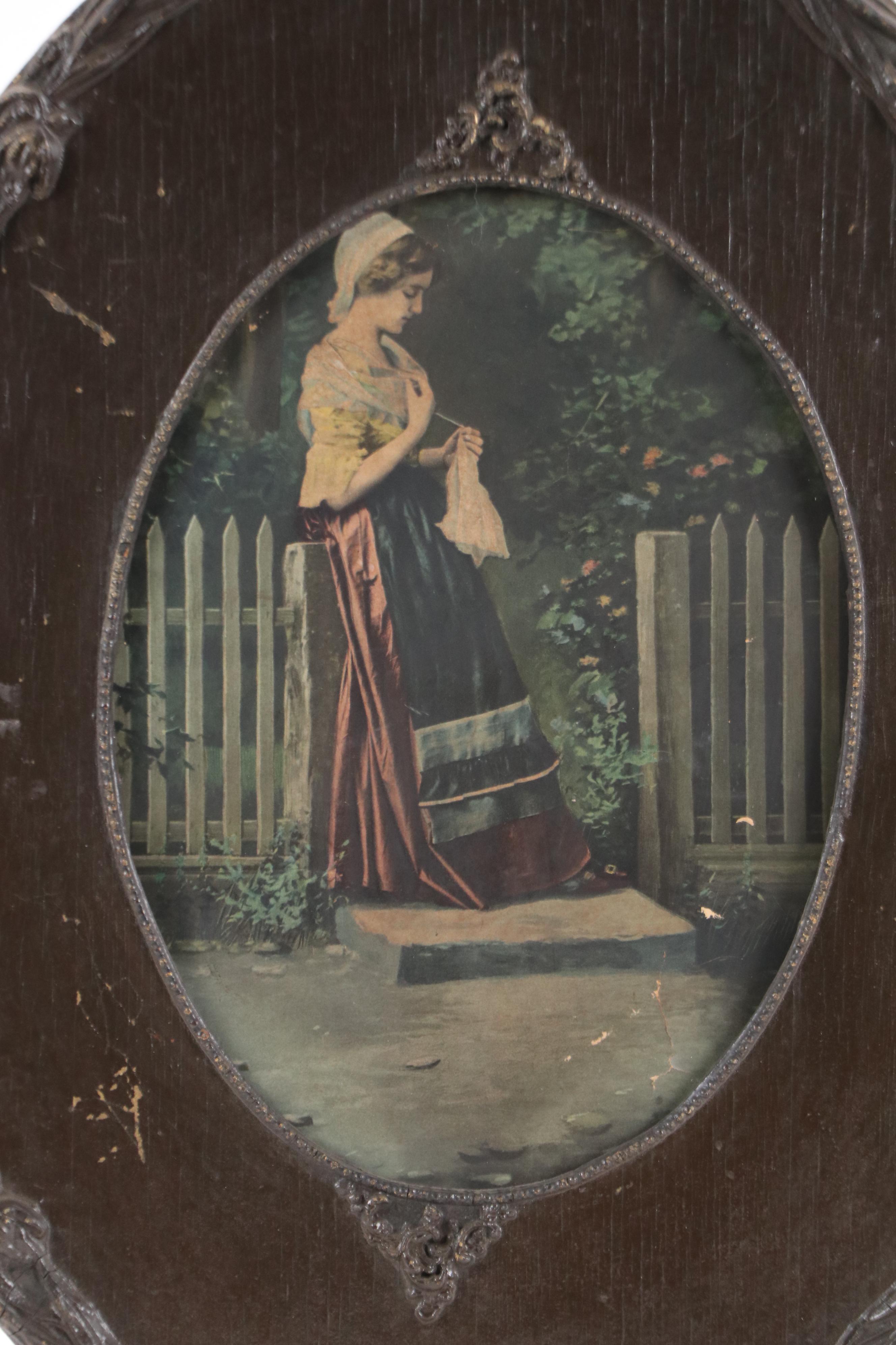 Hand-Colored Halftone Print of Young Woman Sewing, 19th–Early 20th Century
