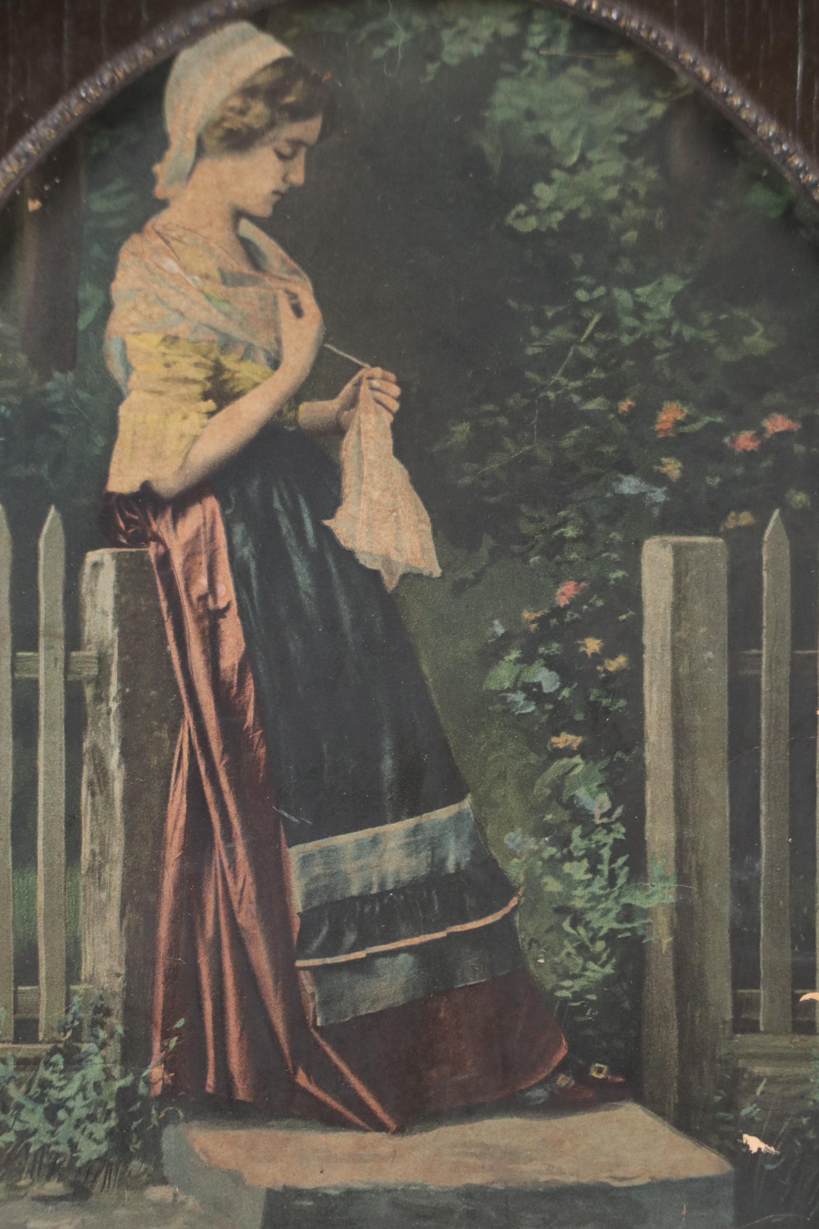 Hand-Colored Halftone Print of Young Woman Sewing, 19th–Early 20th Century