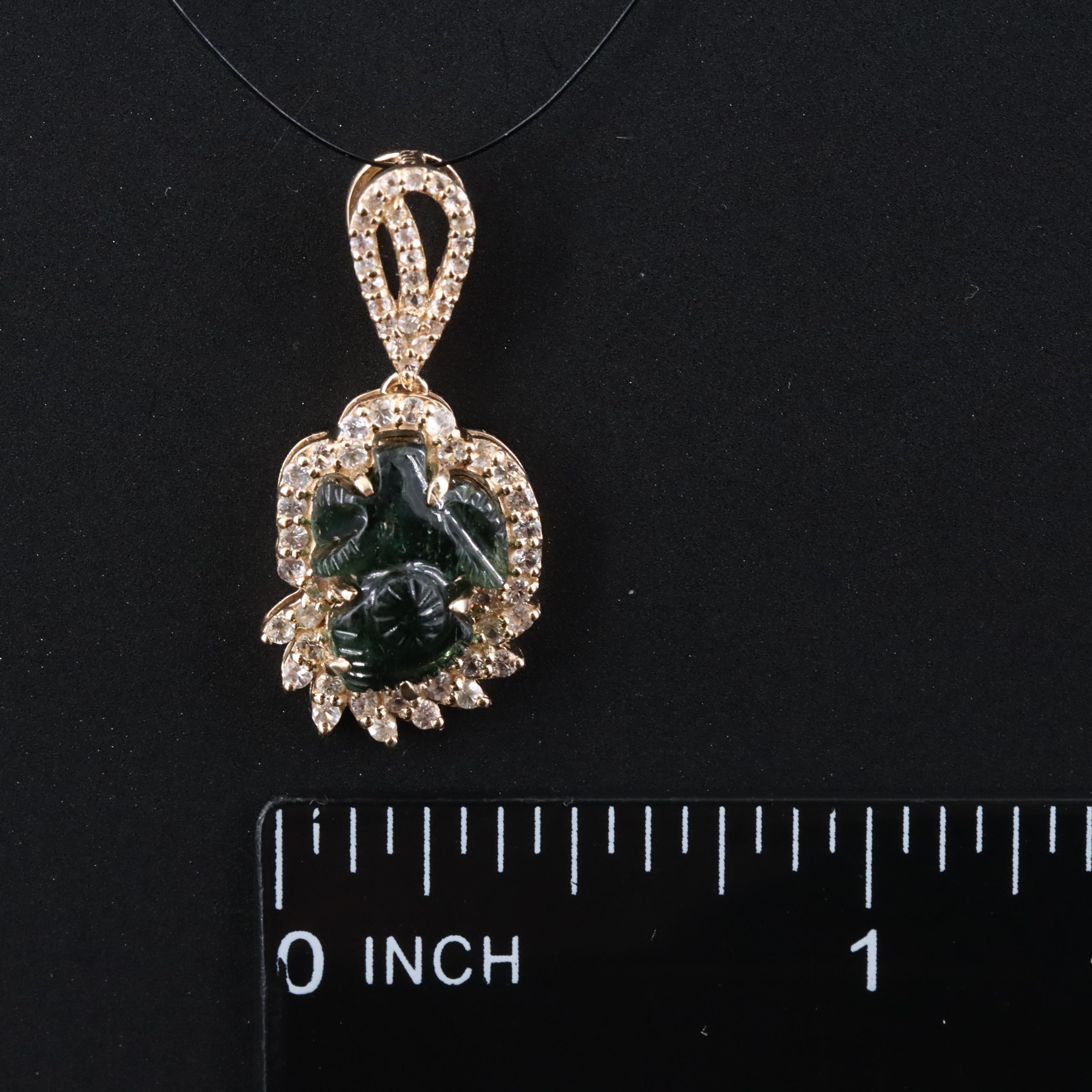 14K Carved Green Tourmaline and White Sapphire Pendant