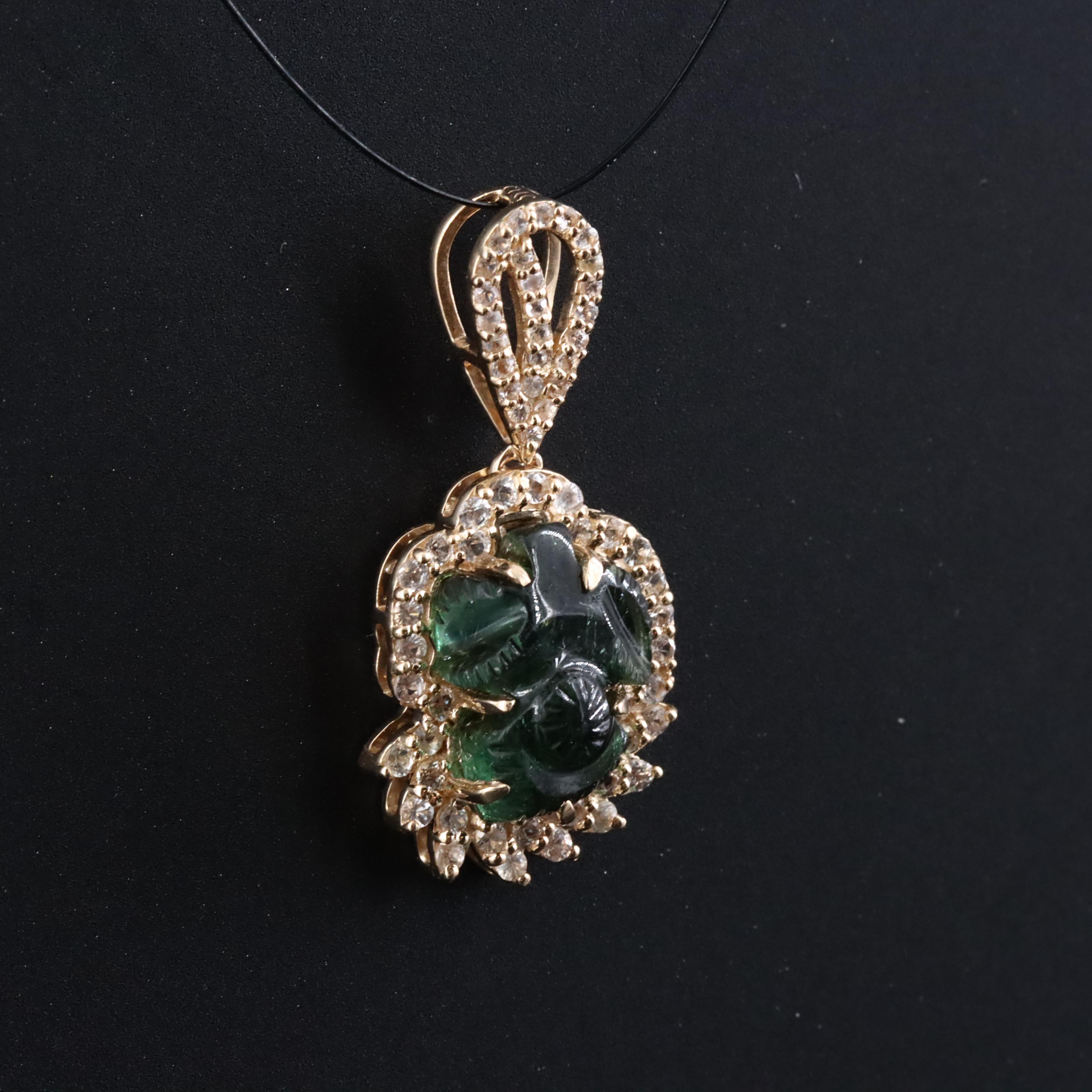14K Carved Green Tourmaline and White Sapphire Pendant