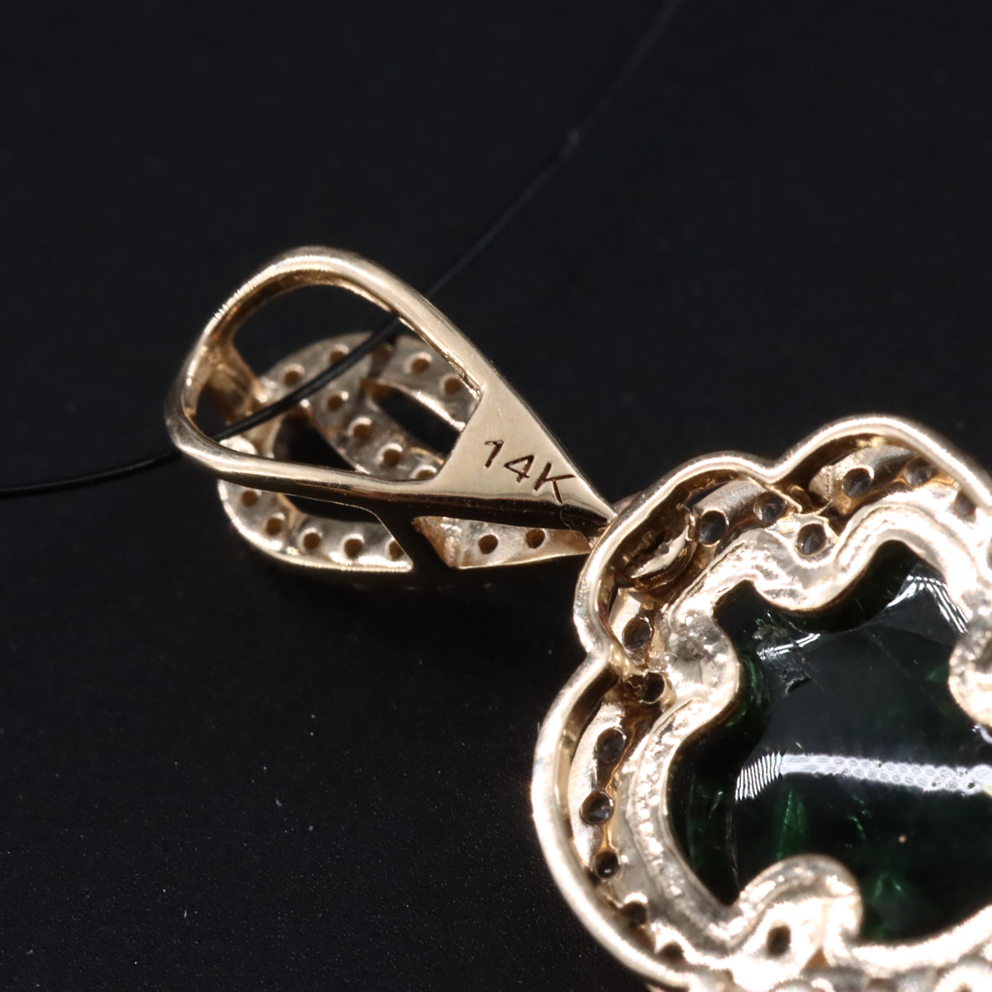 14K Carved Green Tourmaline and White Sapphire Pendant