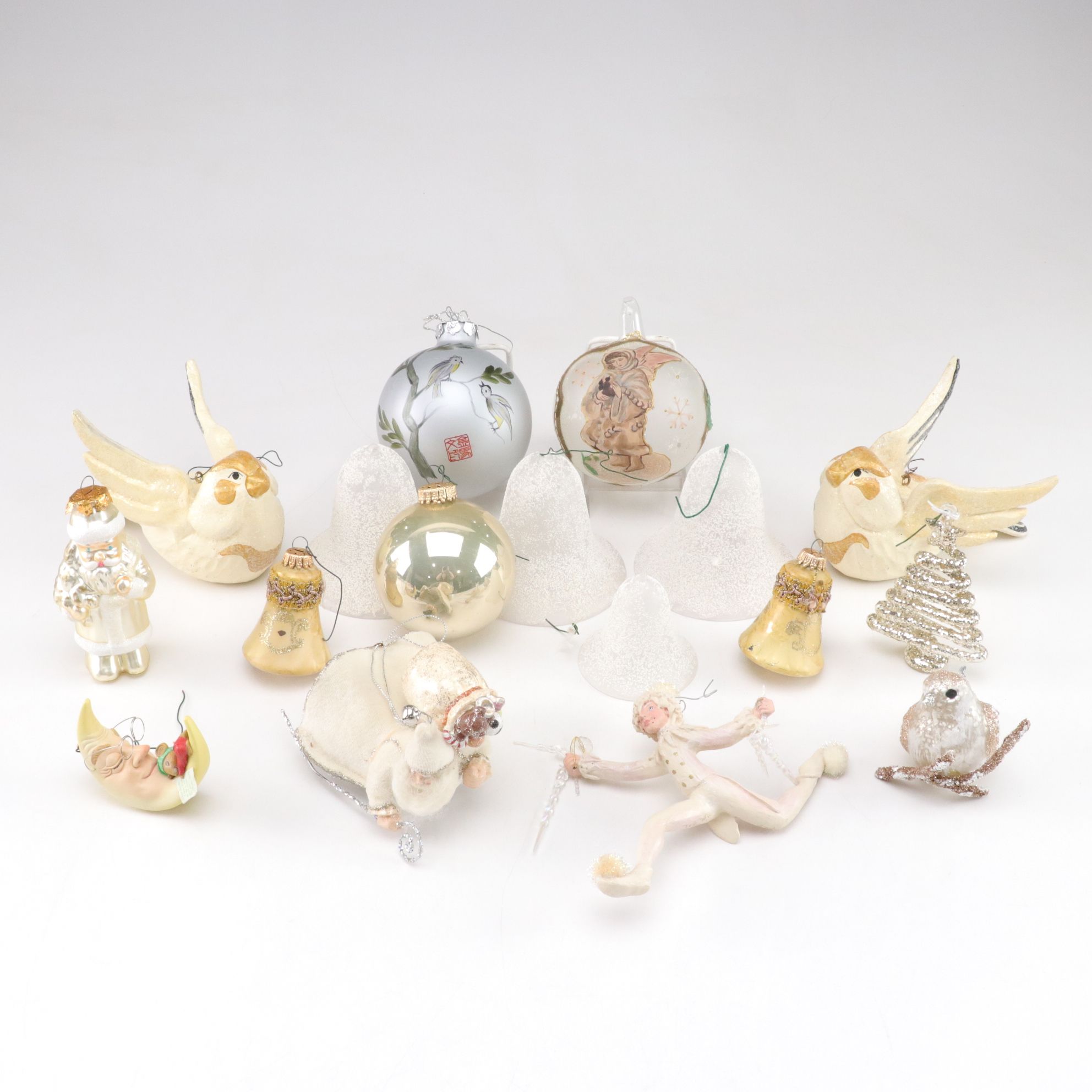 Hand-Painted Bird & Bell Christmas Tree Ornaments