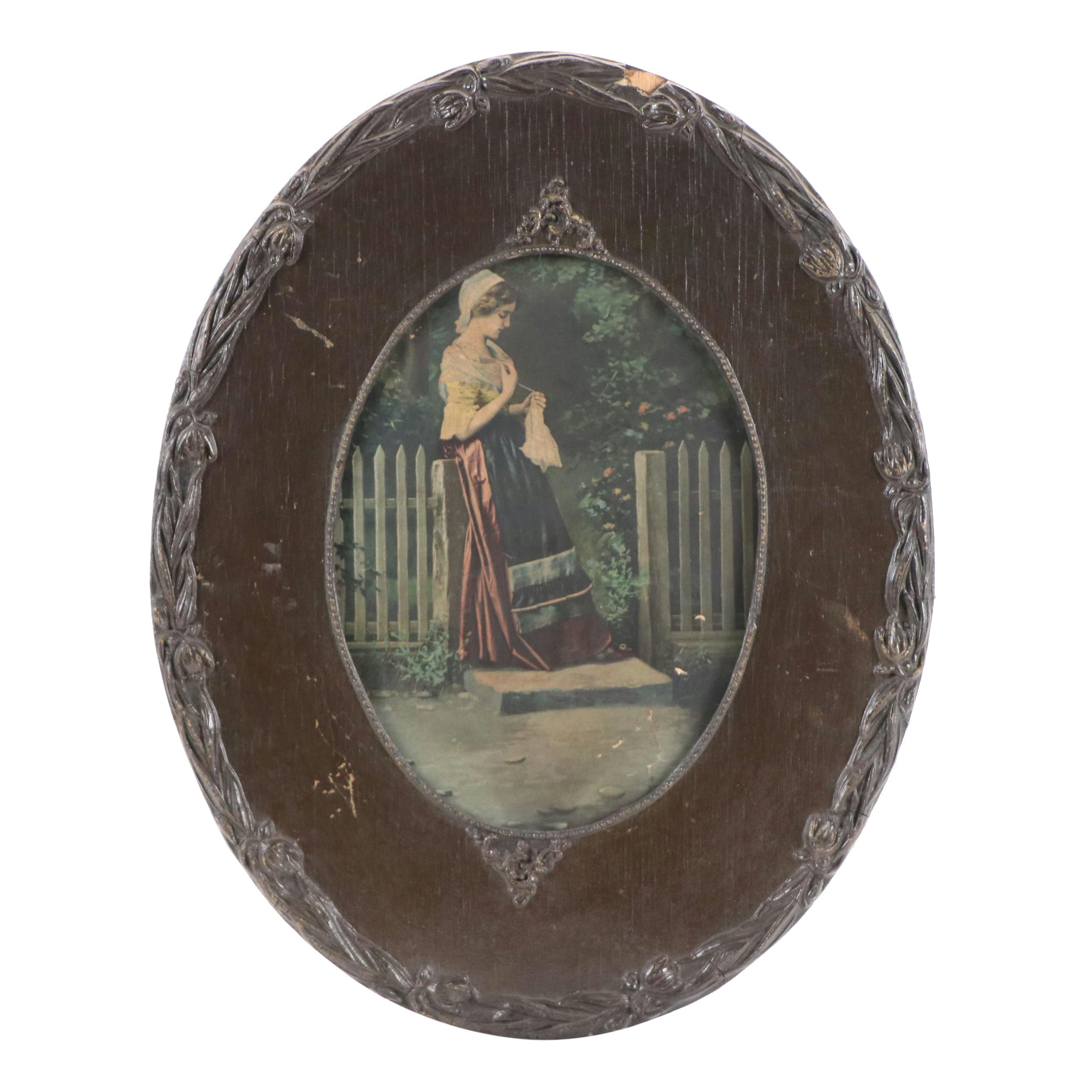 Hand-Colored Halftone Print of Young Woman Sewing, 19th–Early 20th Century