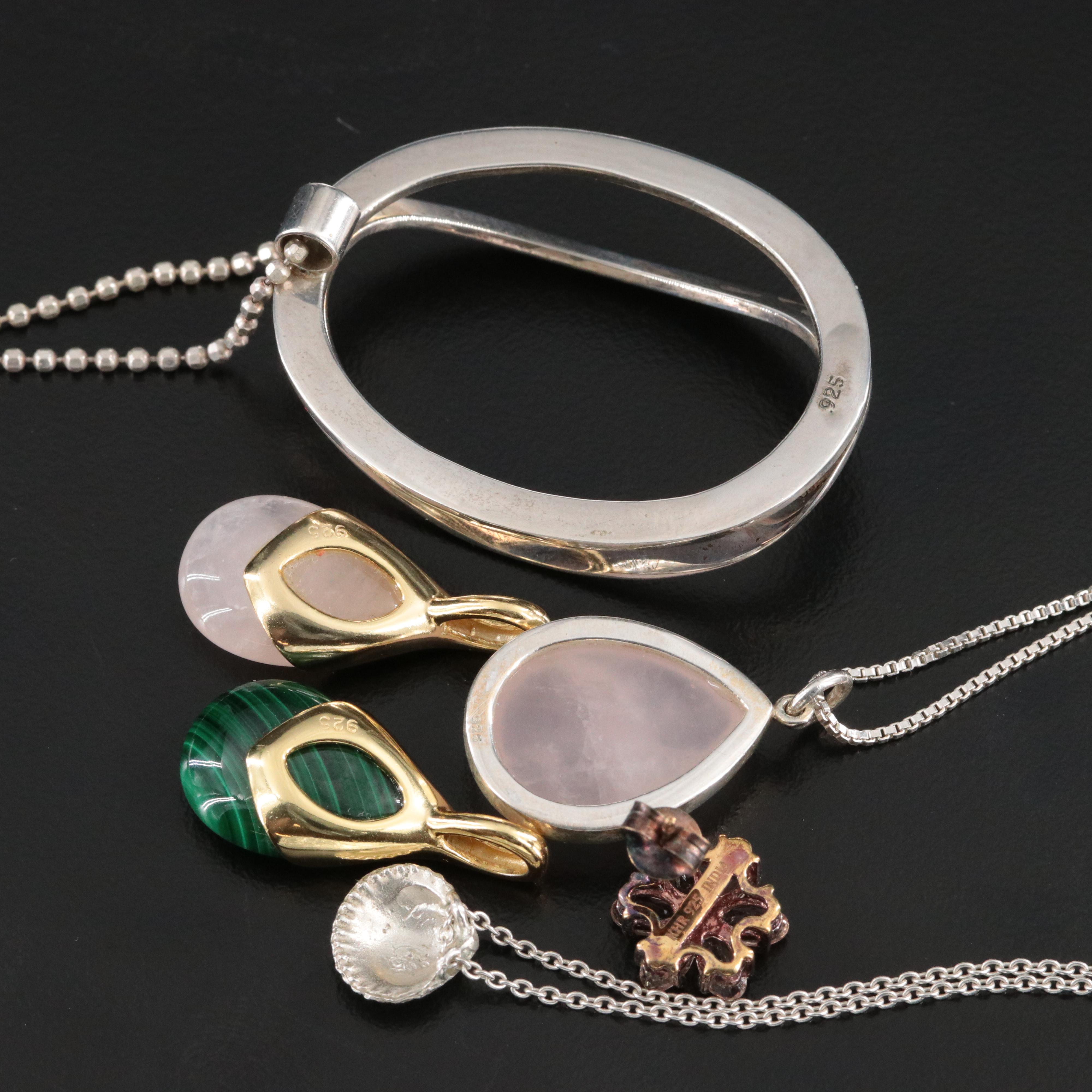 Sterling Jewelry Collection Including Malachite  and Rose Quartz