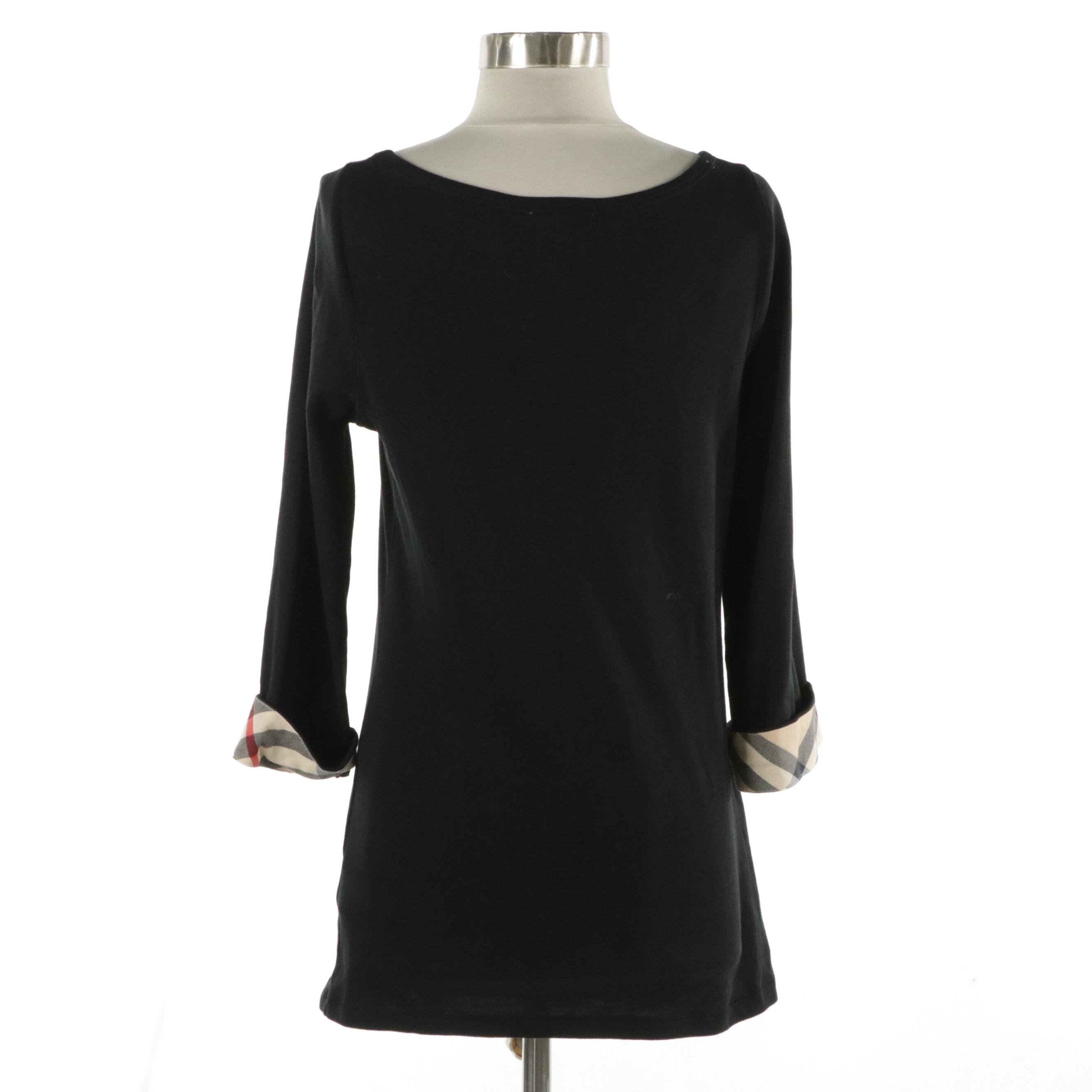 Burberry Brit Scoop Neck Cotton Knit Top with Check Trim