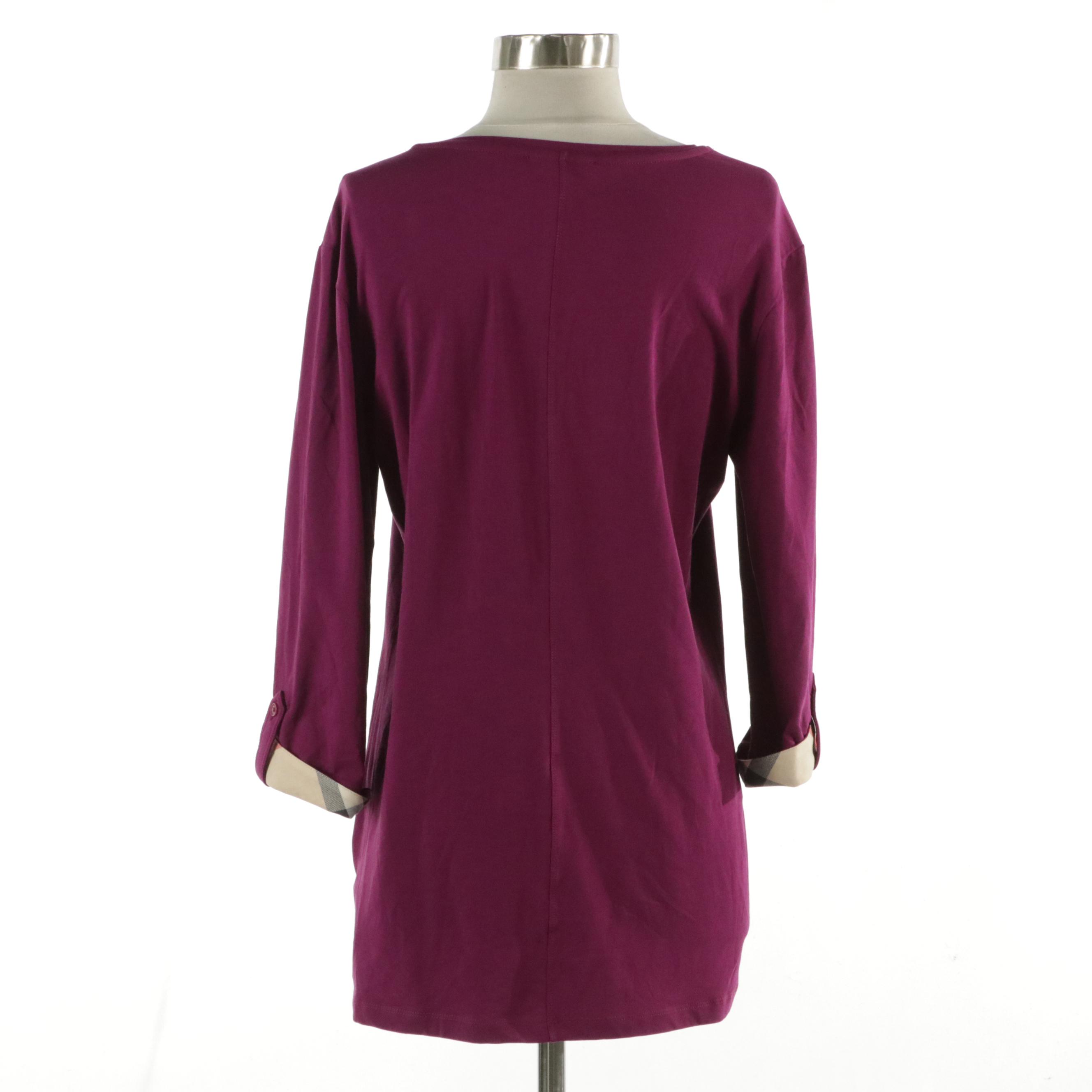 Burberry Brit V-Neck Stretch Cotton Top with Check Trim