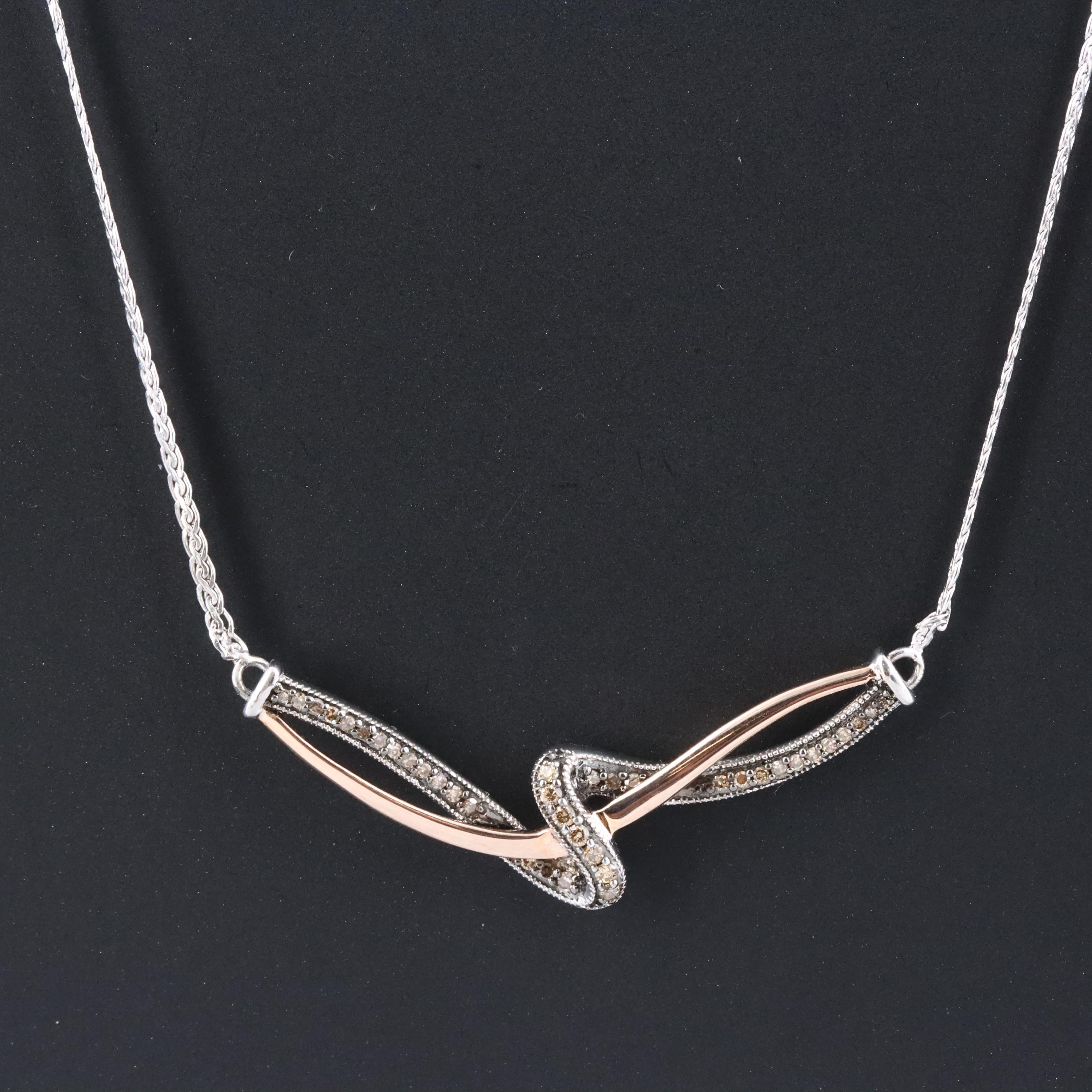 Sterling Diamond Twist Necklace with 10K Rose Gold Accent