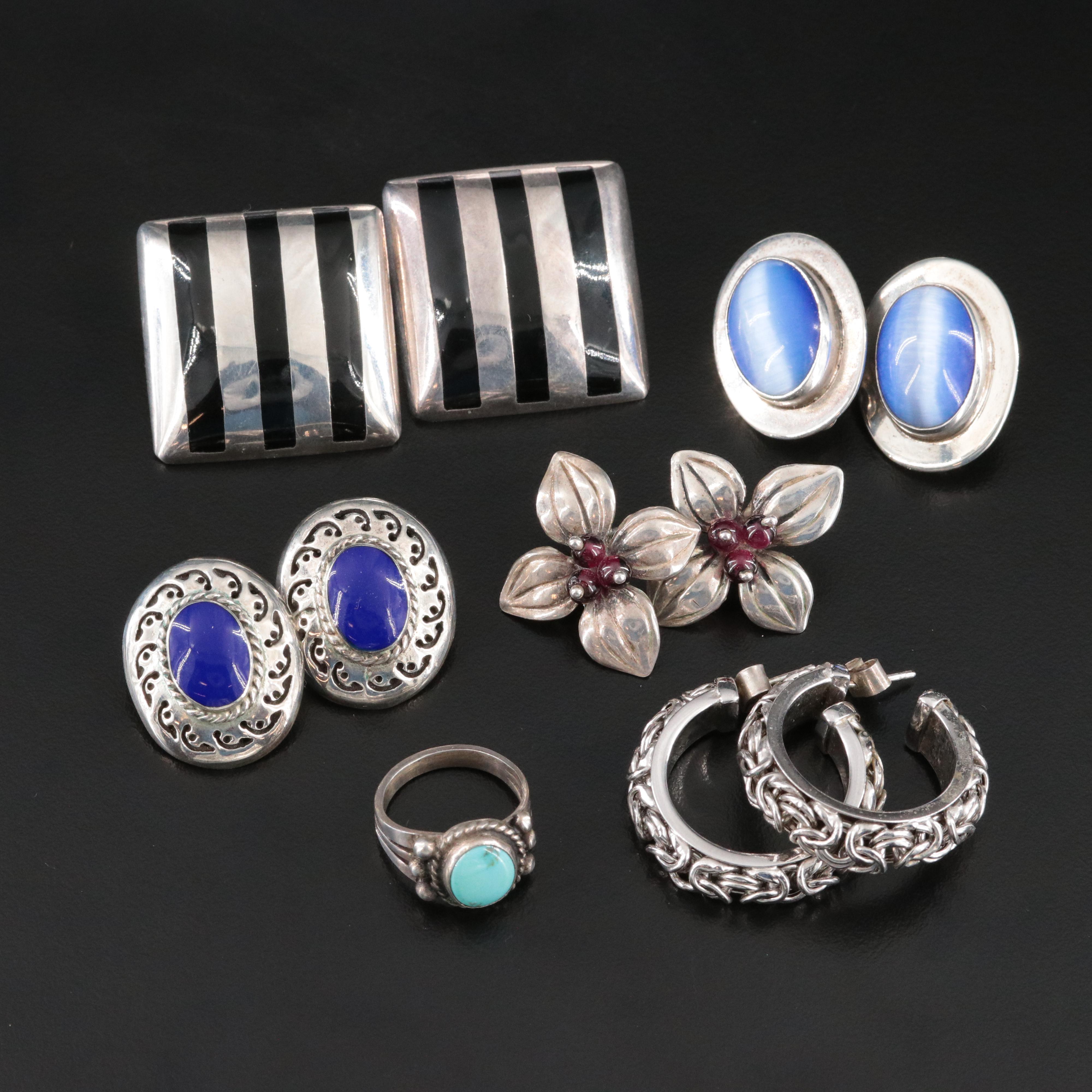 Collection of Sterling Earrings and Ring Featuring Turquoise and Garnet