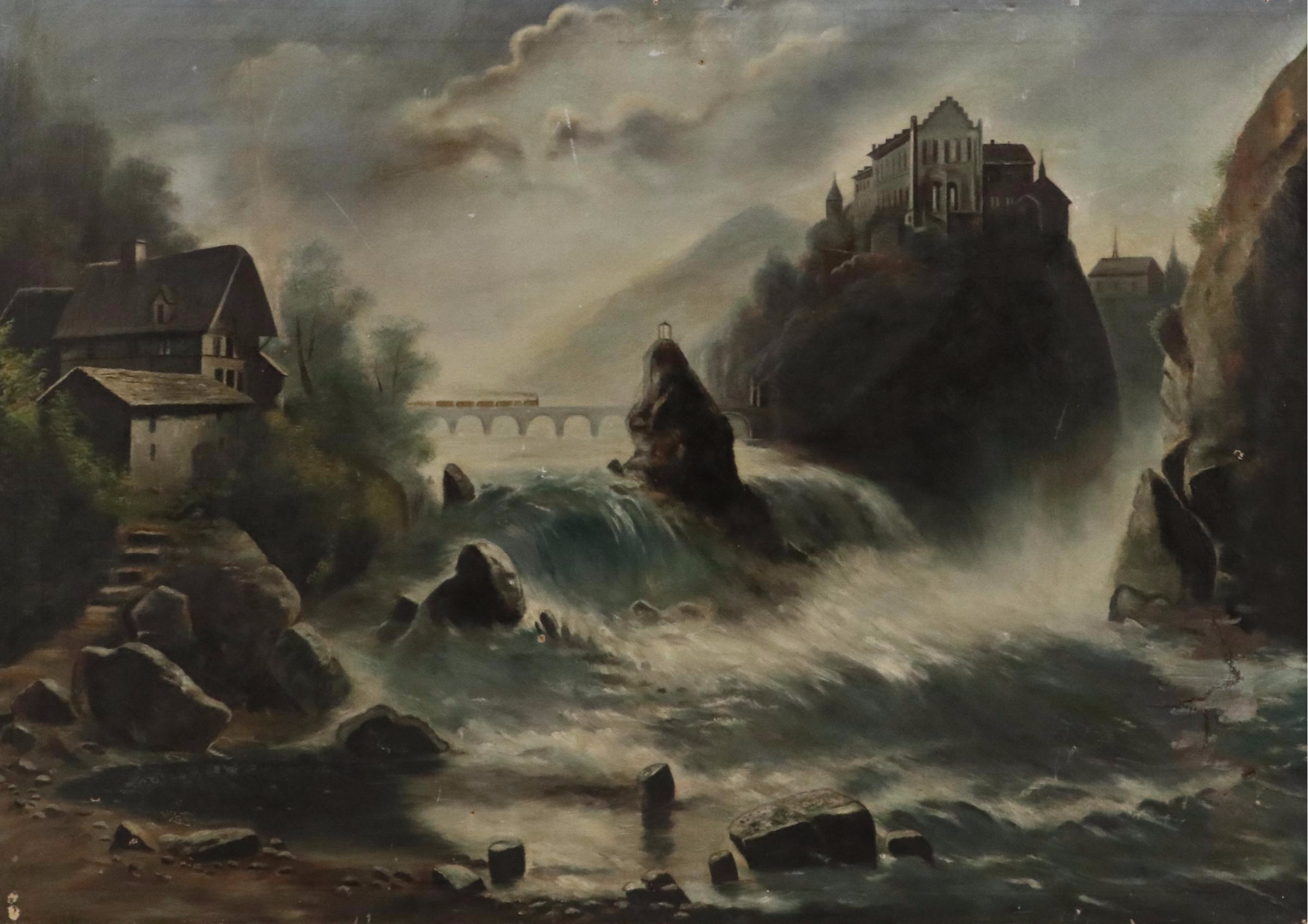 Landscape Oil Painting of Waterfall Scene with Rocky Cliffs