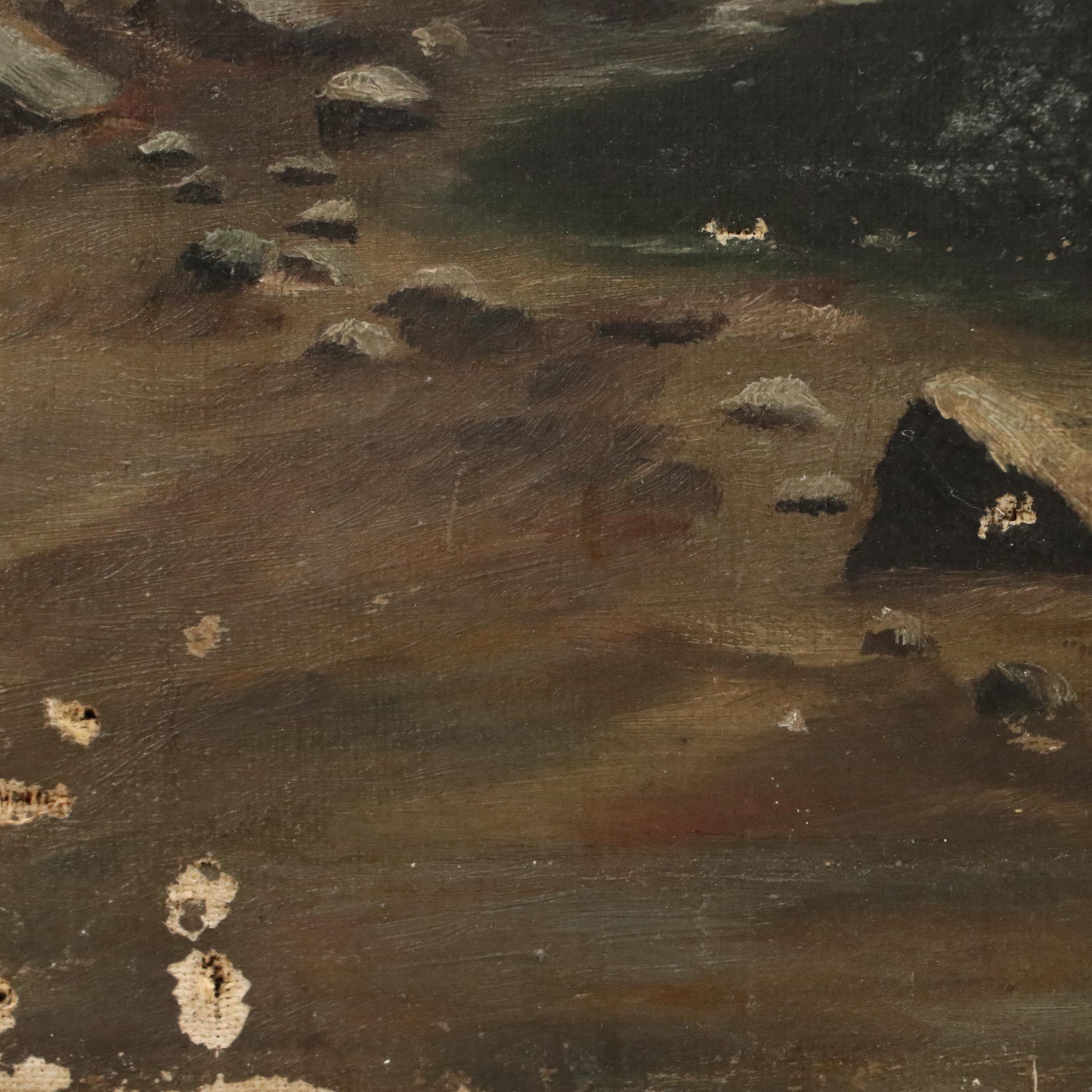 Landscape Oil Painting of Waterfall Scene with Rocky Cliffs