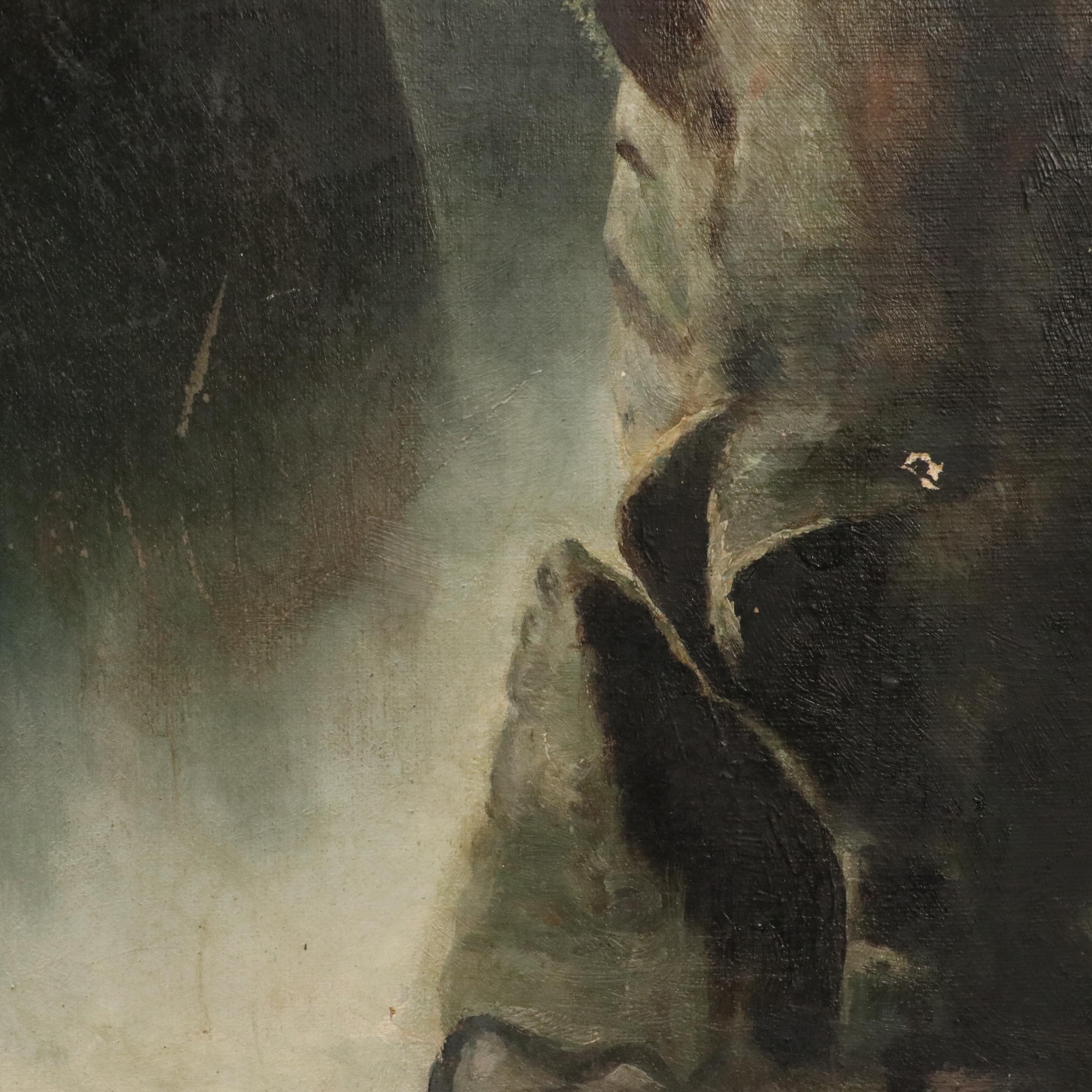 Landscape Oil Painting of Waterfall Scene with Rocky Cliffs