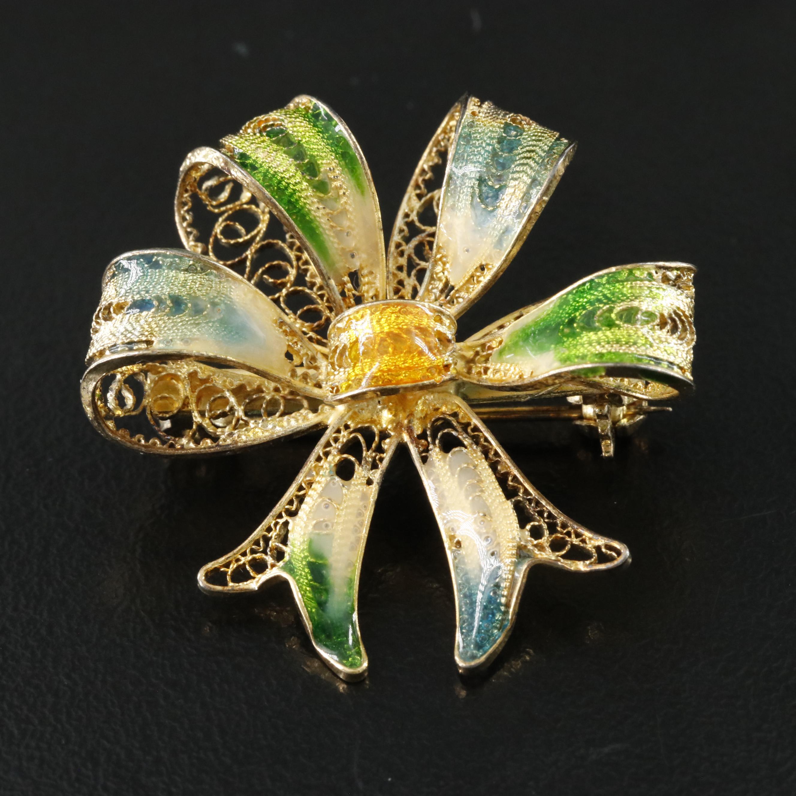 Italian 800 Silver Enamel Bow Brooch